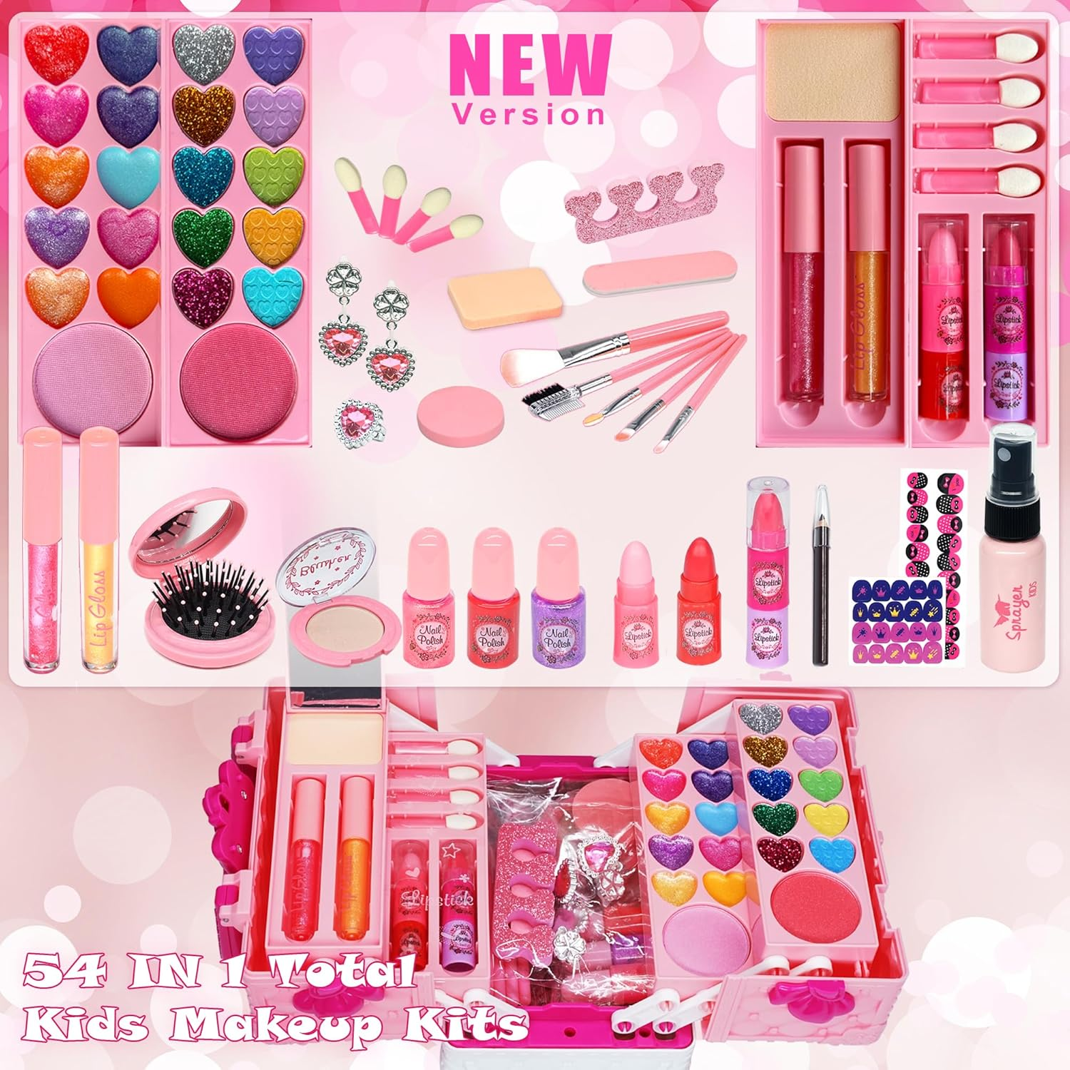 Kids Makeup Kit for Girls - 57 PCS Safe and Washable, Real Cosmetics with Case, Toys for Ages 4-12, Princess-Themed (Pink) image number 3