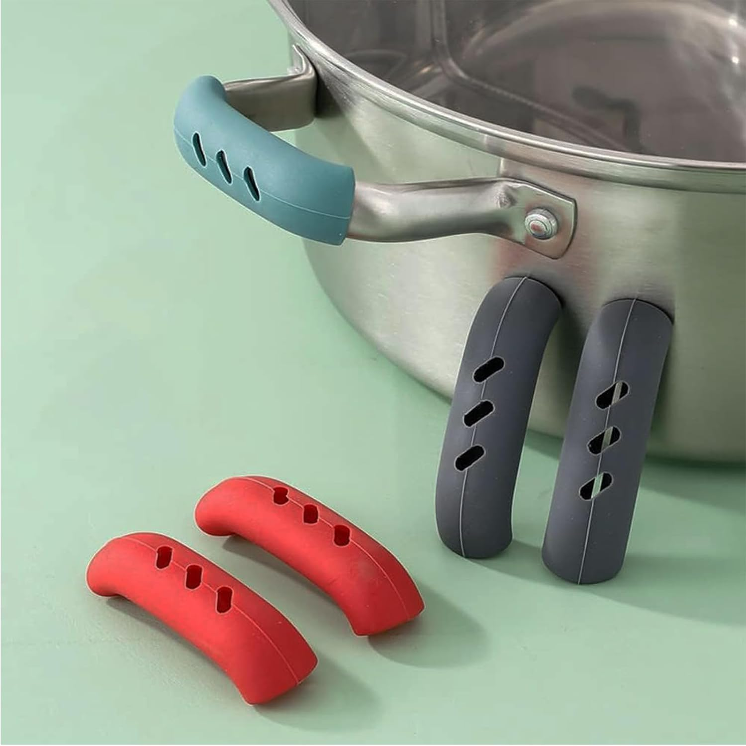 6Pcs Silicone Assist Handle Holder Grip,Non Slip Pot Grip Handle Sleeve,Non-Slip Pot Handle Covers, for Frying Cast Iron Skillet Metal Pan (3 Colors) image number 2