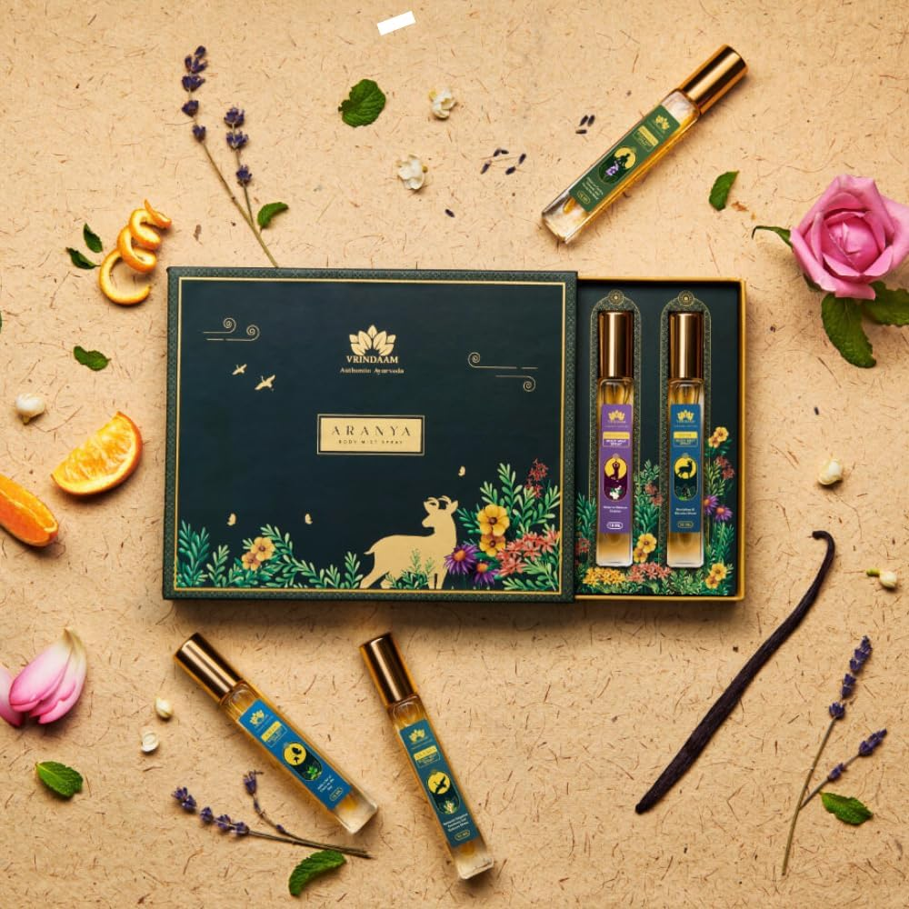 VRINDAAM Aranya Body Mist Gift Box for Women & Men | Perfect for Anniversary, Birthdays & Special Occasions | Fresh Lavender, Citrus Woody, Sweet Musky Scent | 5 Piece Gift Set (5X10Ml) (Heritage Gift image number 4