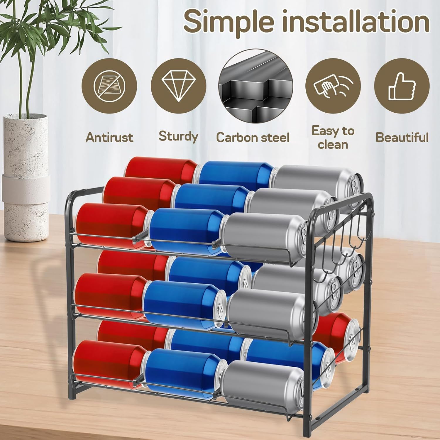 3 Tier Can Rack Organizer with Hook Stackable Tilted Can Storage Holder Carbon Steel Cabinet Organizer Adjustable Width Pantry Organiser Kitchen Storage and Organisation for Small Pantry Countertop image number 1