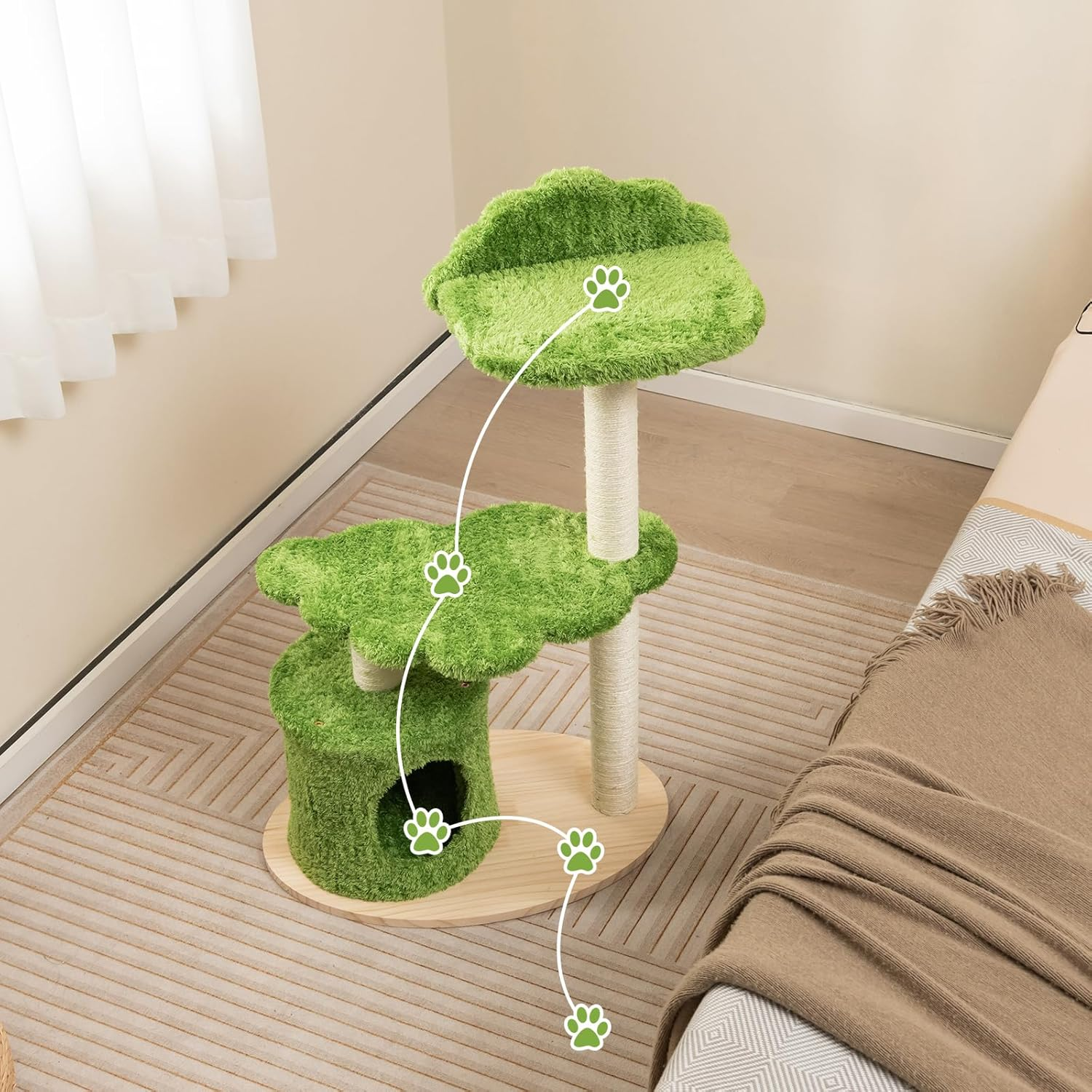 Wooden Cat Tree, 97CM Tall Cat Climbing Stand W/Sisal Scratching Posts, Cat Condo, Top Perch, Solid Wood Base, 3-Layer Cat Activity Center, Cat Tower Furniture for Indoor Kittens & Adult Cats image number 5