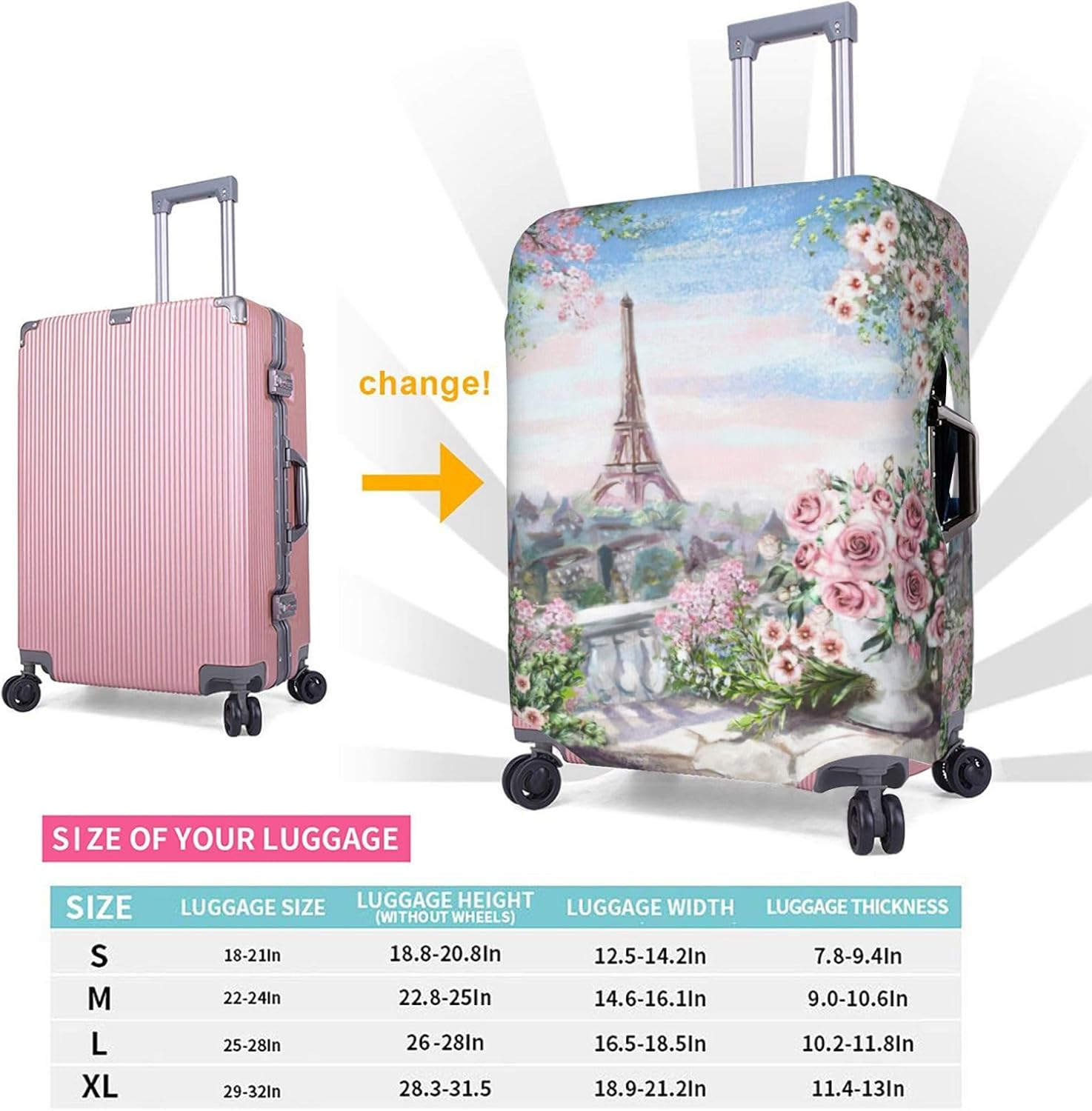 Odddot Paris Eiffel Tower with Flowers Print Travel Luggage Cover,Suitcase Protector Cover, Washable Baggage Covers,For 18-32 Inch Luggage, Paris Eiffel Tower with Flowers, Small image number 4