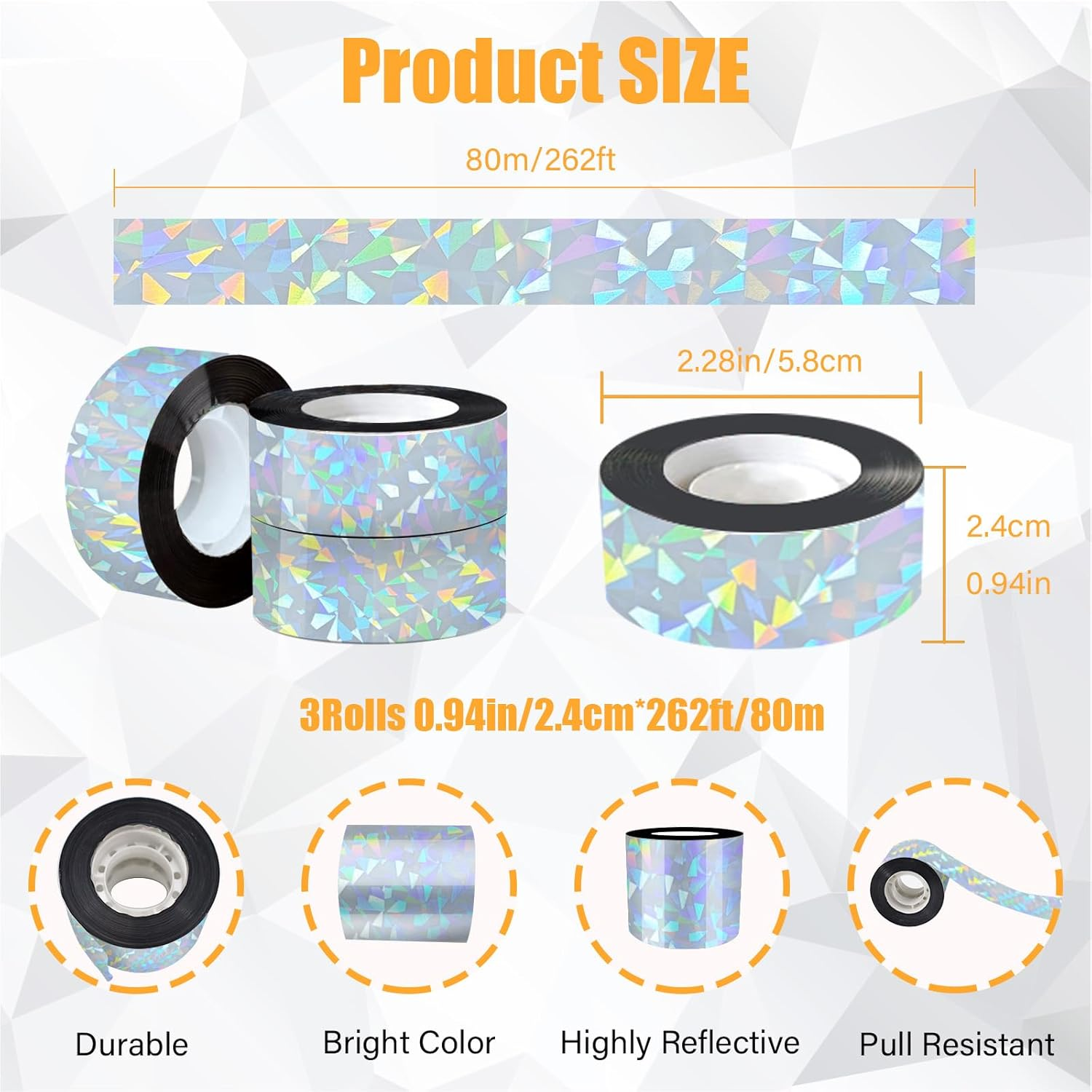 ASTIMESA Double Sided Reflective Bird Scare Tape, Holographic Sparkly Bird Tape, Flash Reflective Ribbon for Birds Woodpeckers Pigeons Keep Away from House Garden Patio (3 Roll 787.4 Ft) image number 4