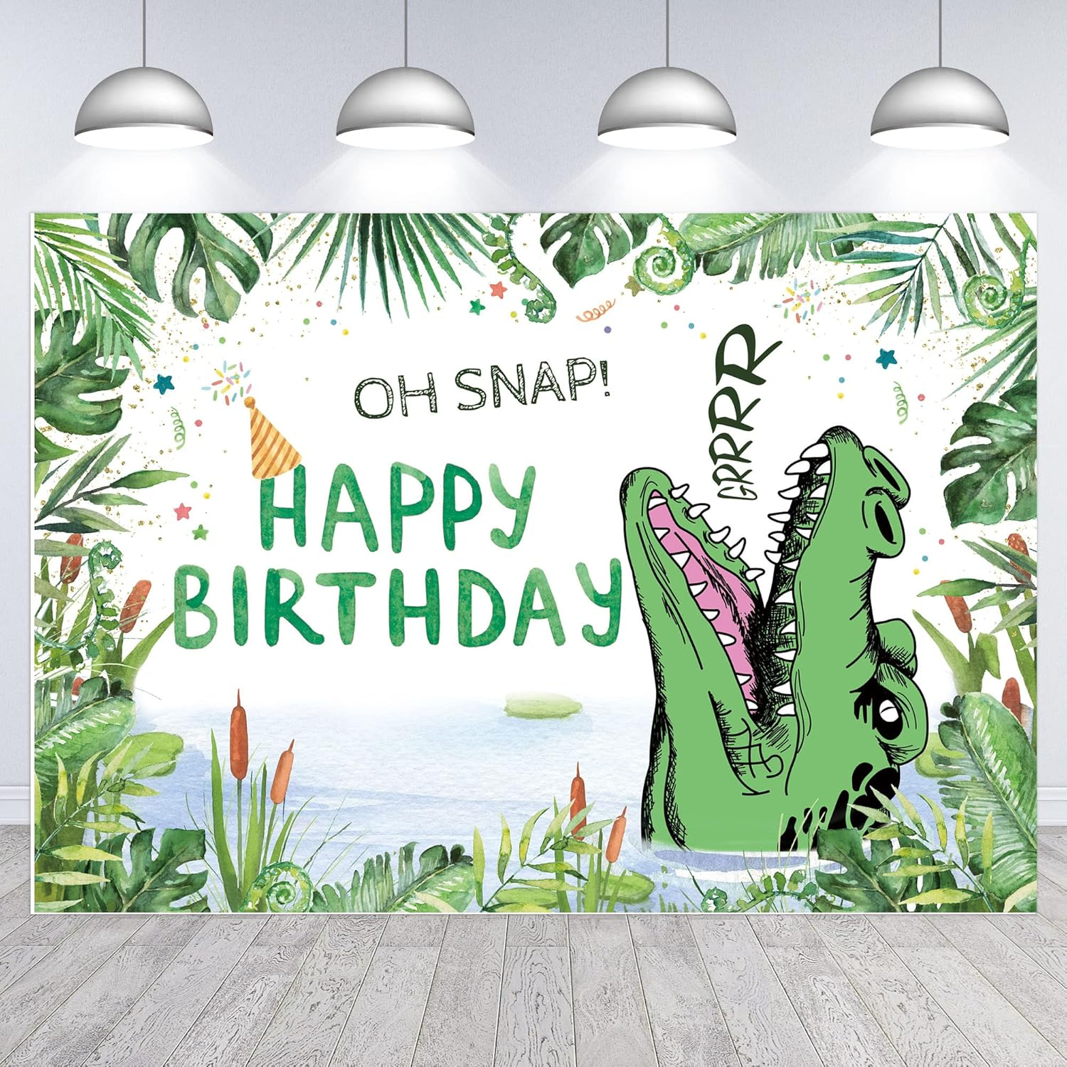 Hilioens 7&times;5Ft Crocodile Birthday Backdrop Cartoon Crocodile Kids Boys Birthday Party Decorations Green Leaf Oh Snap Background Banner Supplies image number 3