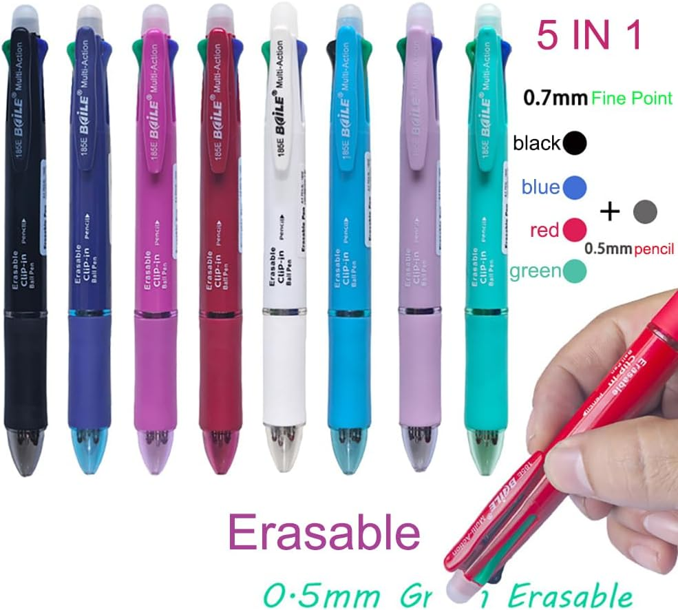 4 Colours Retractable Erasable Gel Pens Clicker, 5-In-1 Multi Coloured Pen + Pencil, Fine Point (0.7), Make Mistakes Disappear, Drawing Writing Planner and Crossword Puzzles (PN-303) image number 2