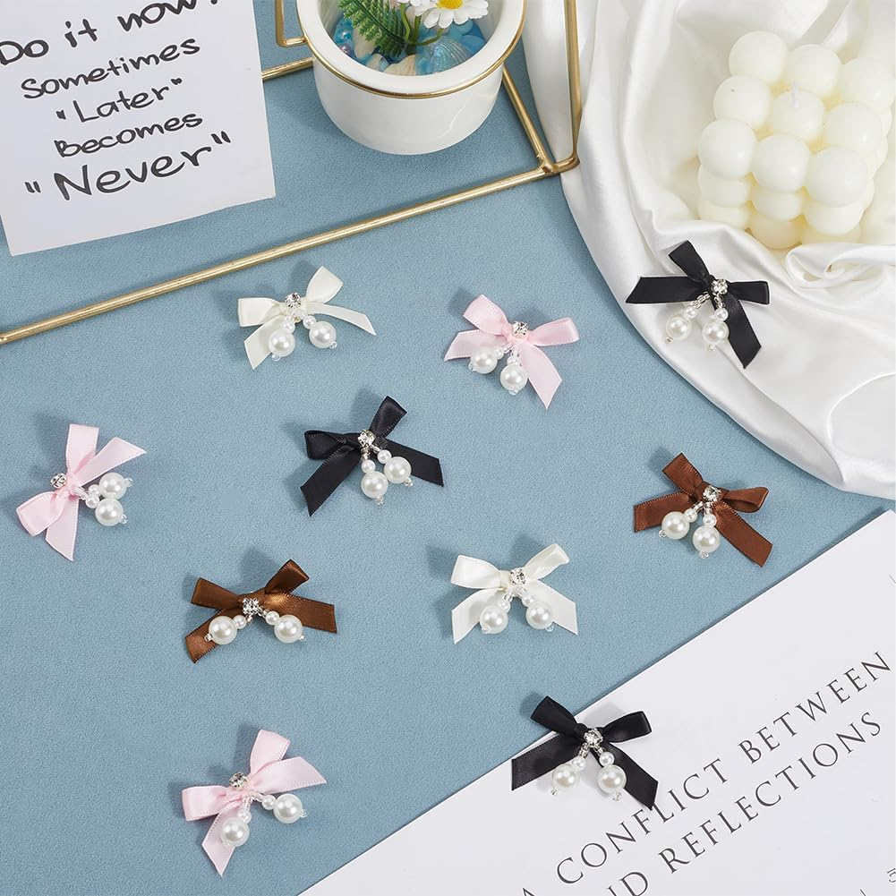 SOFPLATE 5 Color 20Pcs Twist Tie Bows Bulk Tiny Ribbon Bows with Pearls Small Coquette White Pink Brown Black Sweet Cute Satin Pastel Bows for Hair Clip DIY Crafts Sewing Gift Wrapping Valentine Day image number 5
