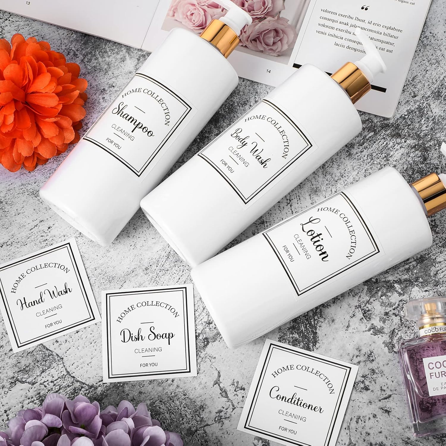 3 Pieces 16Oz Pump Bottle Set Shampoo and Conditioner Bottle Plastic Refillable Soap Dispenser Shower Dispenser with 6 Label Sticker for Lotion Body Massage (Gold and White) - 25,Silver image number 7