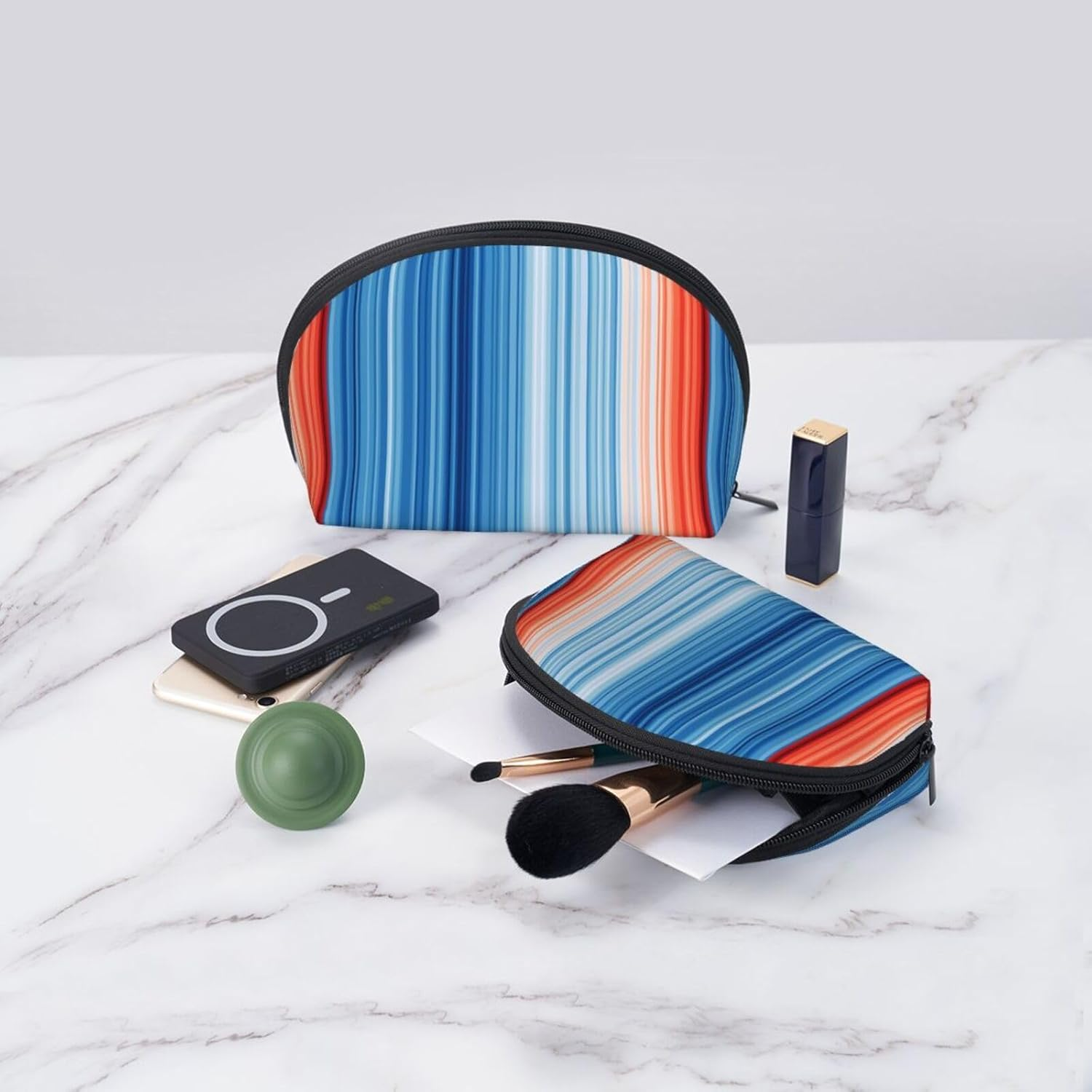 Cozimangoe Coin Pouch Makeup Bags Set, 2 Piece Shell Shape Cosmetic Bag with Pockets for Daily Travel Handbag Lipstick Keys Toiletry, Personalized Climate Stripes