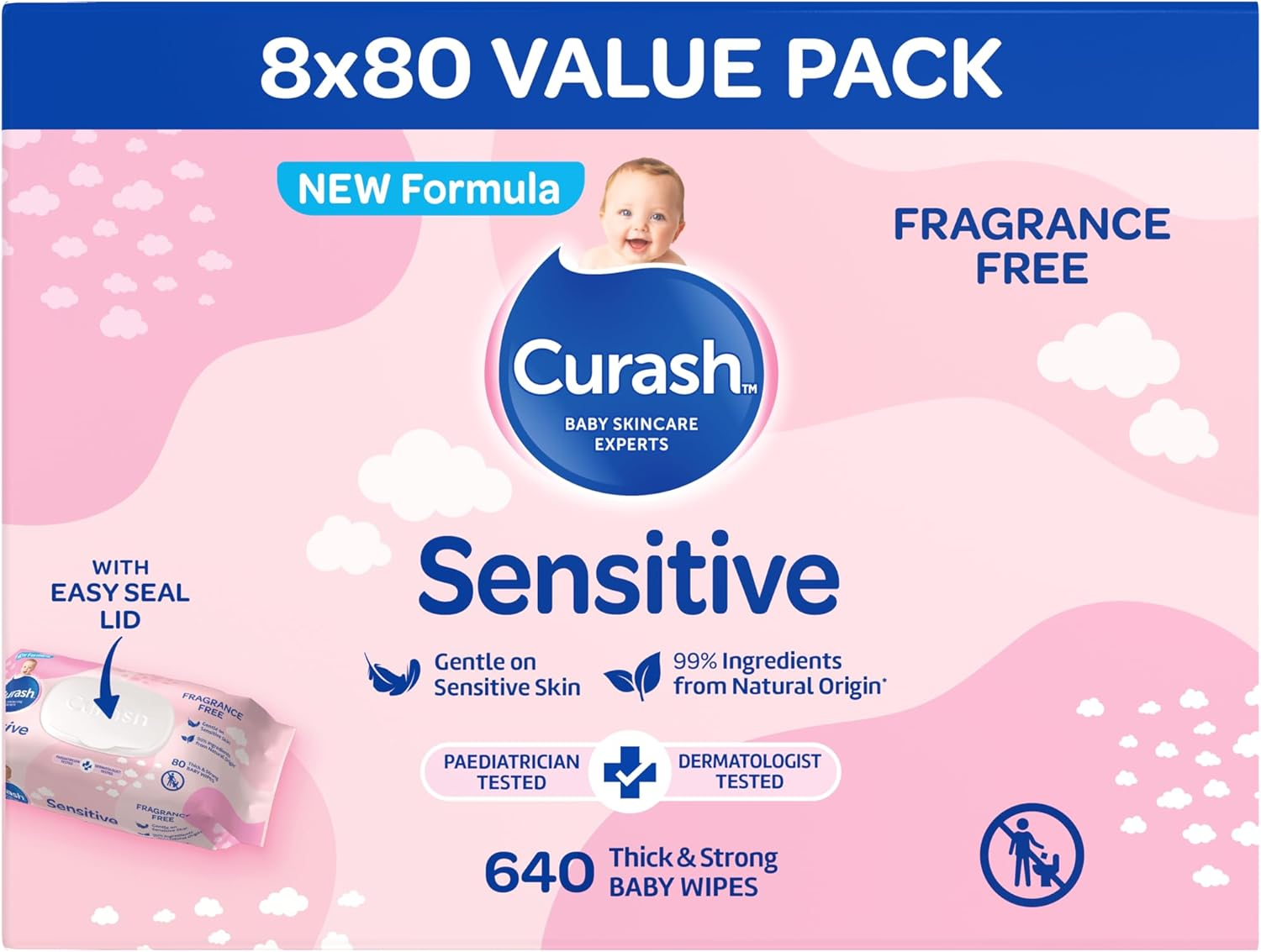 New Formula Curash Fragrance Free Baby Wipes, 8X80 Pack, for Sensitive Skin, Suitable for Newborns, Thick & Soft Texture, No Soap, Alcohol or Parabens, Everyday Cleansing and Nappy Changes, 640 Wipes image number 1