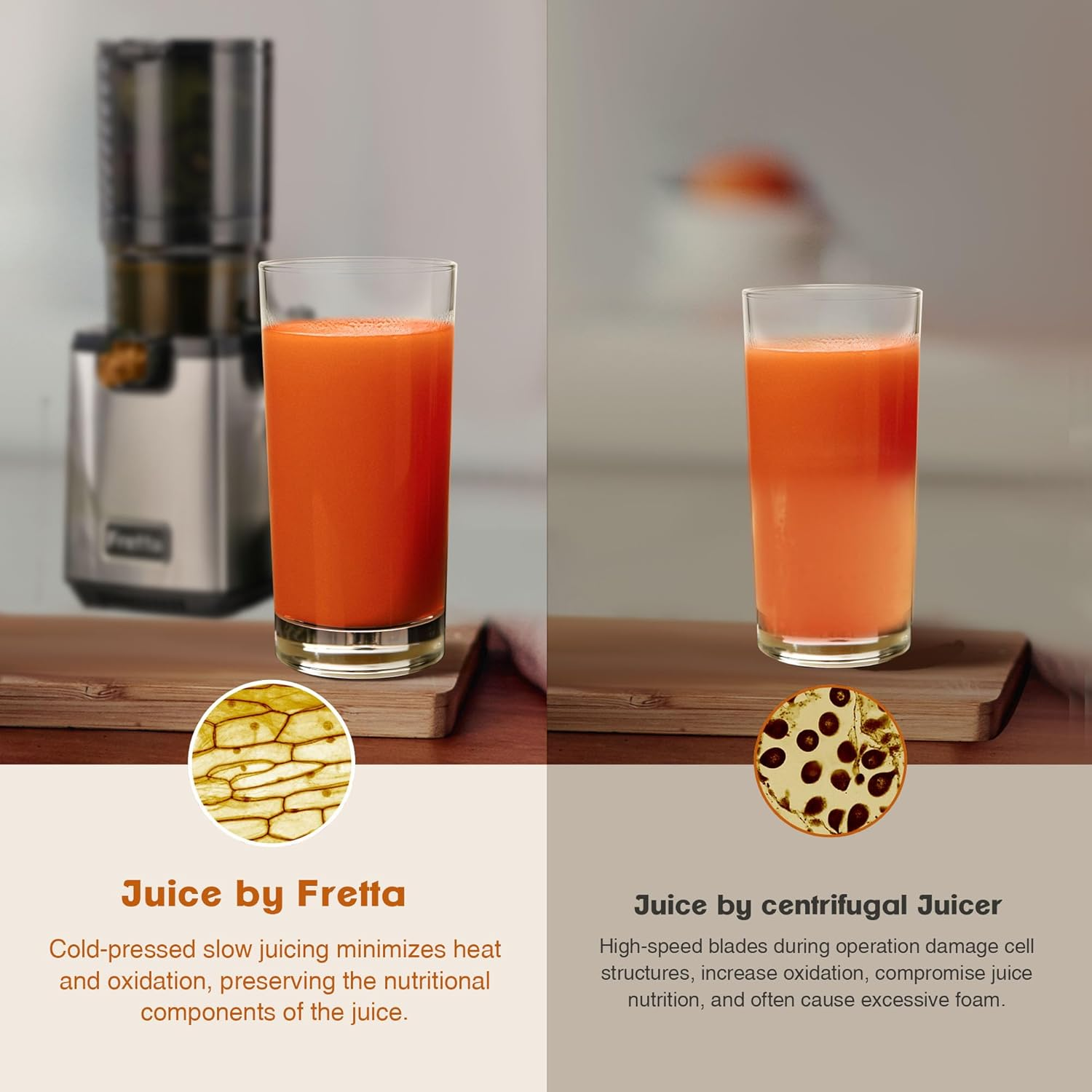 Fretta Cold Press Juicer, Slow Masticating Juicer, Citrus Juicer with 140Mm Large Feed Chute, Fit Whole Vegetables & Fruits, Reverse Function, Easy to Assemble, Stainless Steel, 250W BPA Free image number 3
