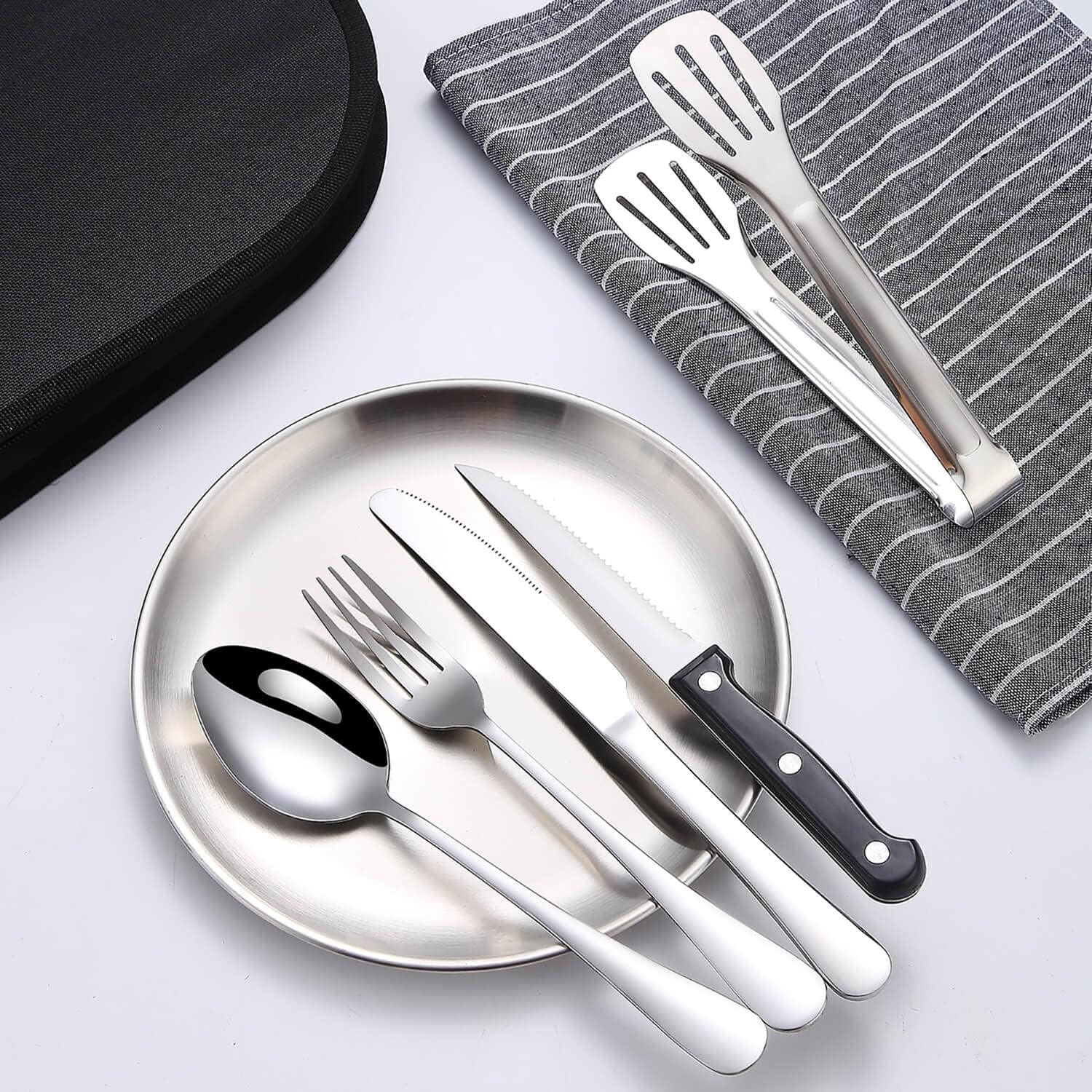 Camping Dish Fork Spoon Knife Set Camping Utensils Portable Stainless Steel Camping Utensils for Outdoor Travel, Set of 10 Suitable for Picnics, Campsite Kitchen BBQ and Hiking Trips (Silver) image number 3