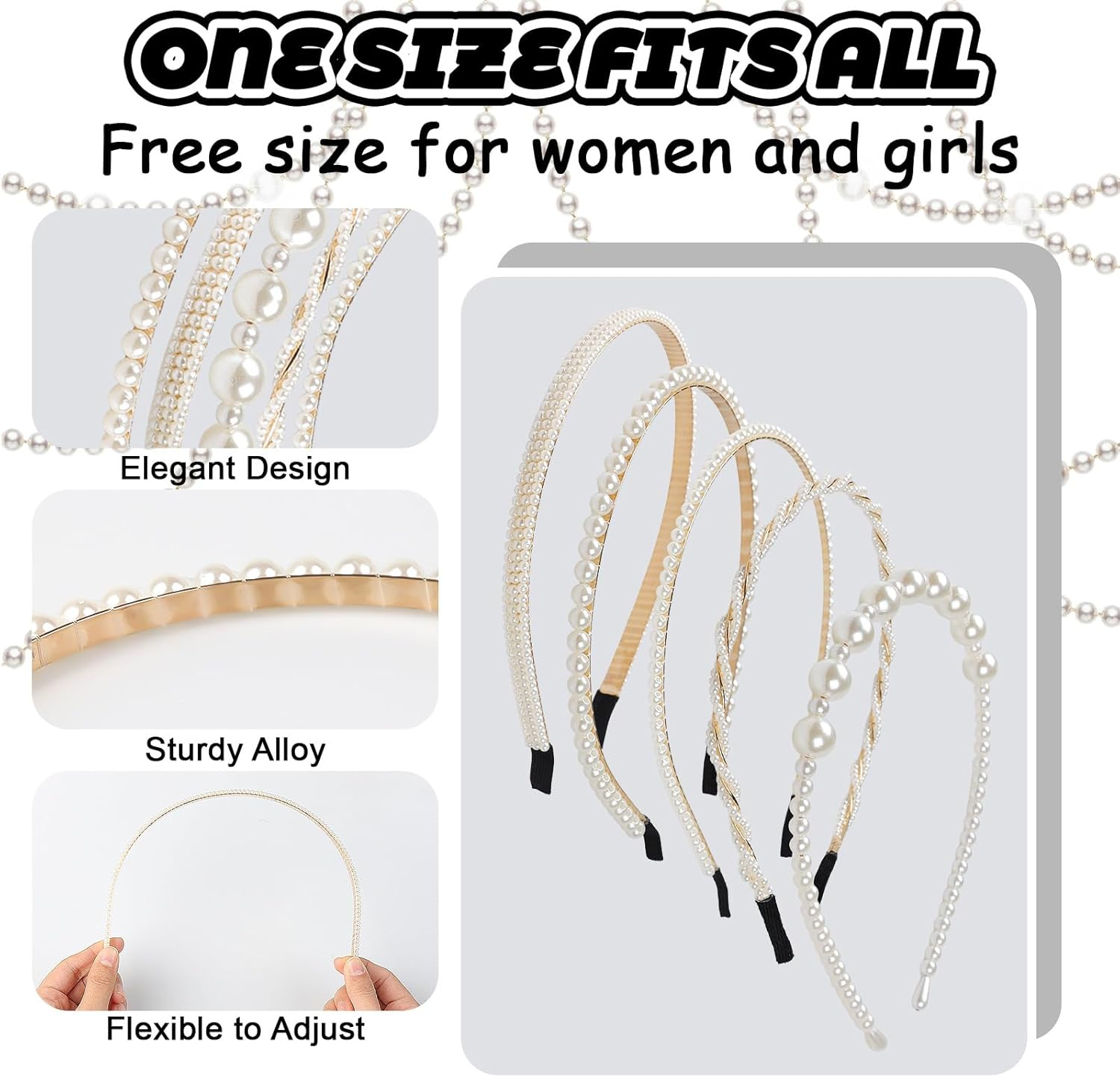 5 Pcs Pearl Headbands for Women Girls White Pearl Non Slip Hairbands Fashion Bridal Headband for Wedding Bridal Hair Hoop Party Pearls Hair Accessories for Women Girls image number 5