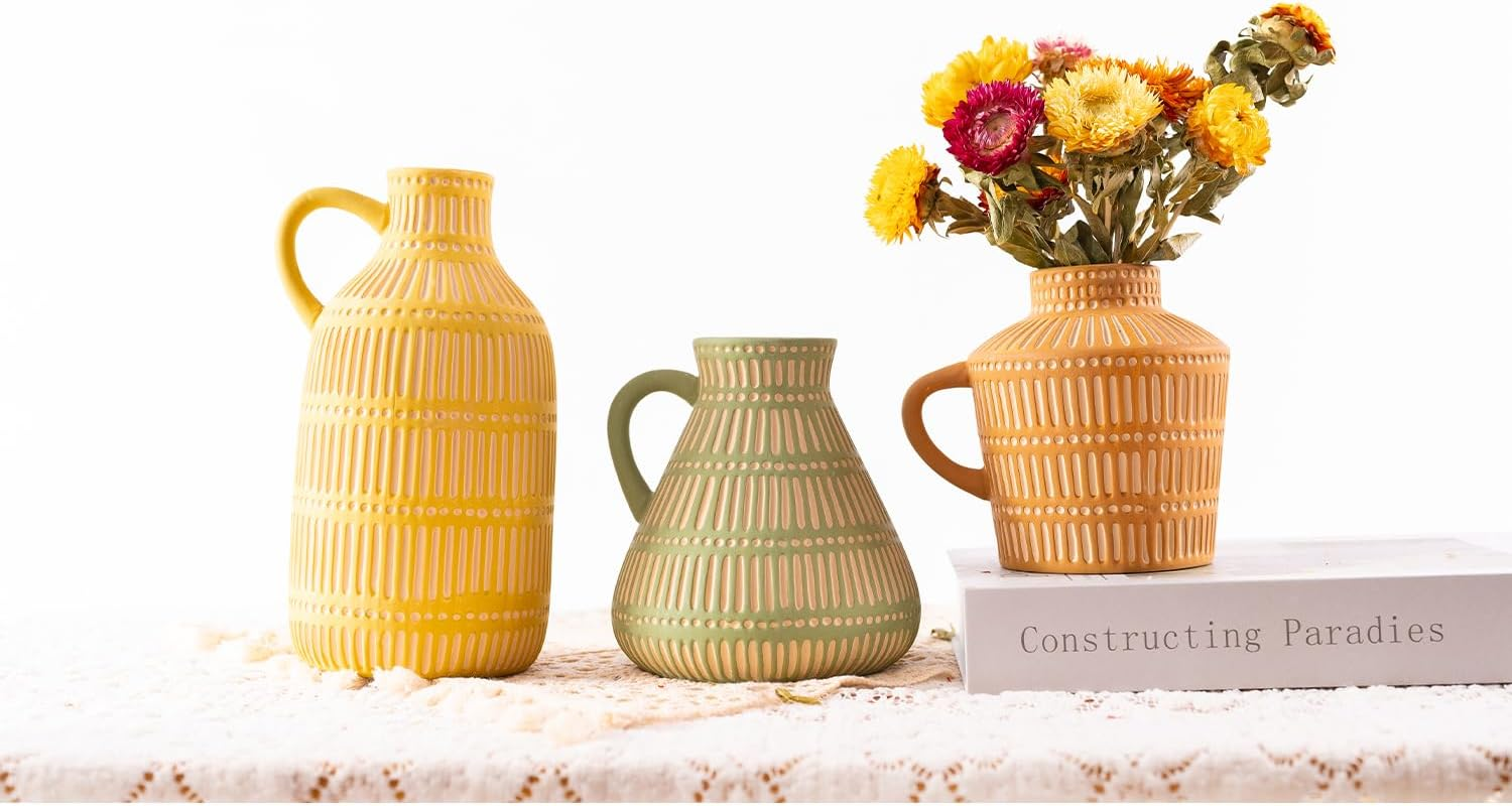 Green Ceramic Boho Vase, Distressed Farmhouse D&eacute;cor, Pottery Decorative Flower Vase for Home Decor, Table, Living Room Decor, Shelf Decor 6 Inches image number 4