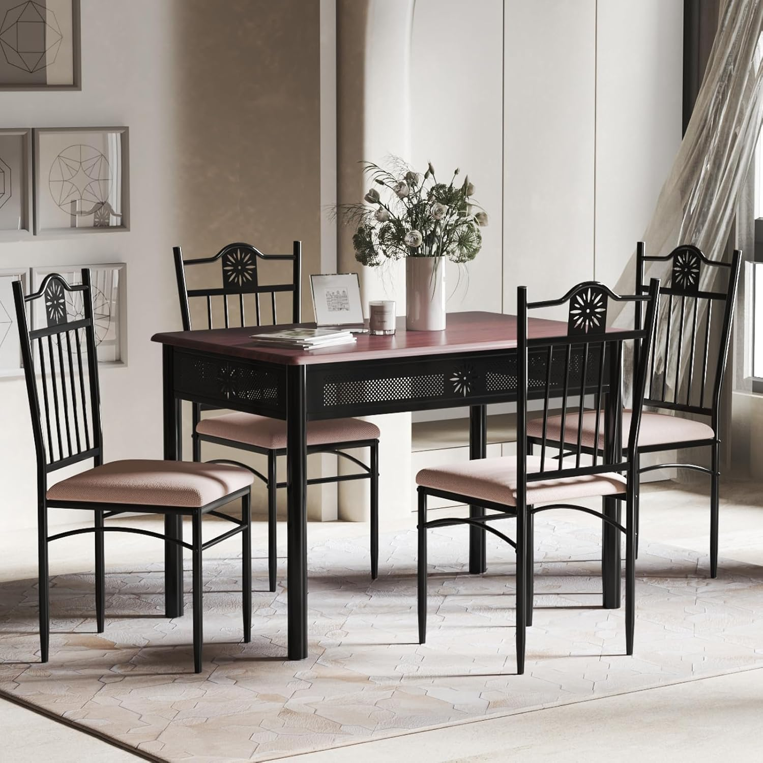 Giantex 5 Pieces Dining Table Set, Modern Kitchen Table Set for 4 Person, Rectangular Table W/ 4 Upholstered Chairs, Bistro Table Set for Home, Coffee Shop & Restaurant, Black image number 5