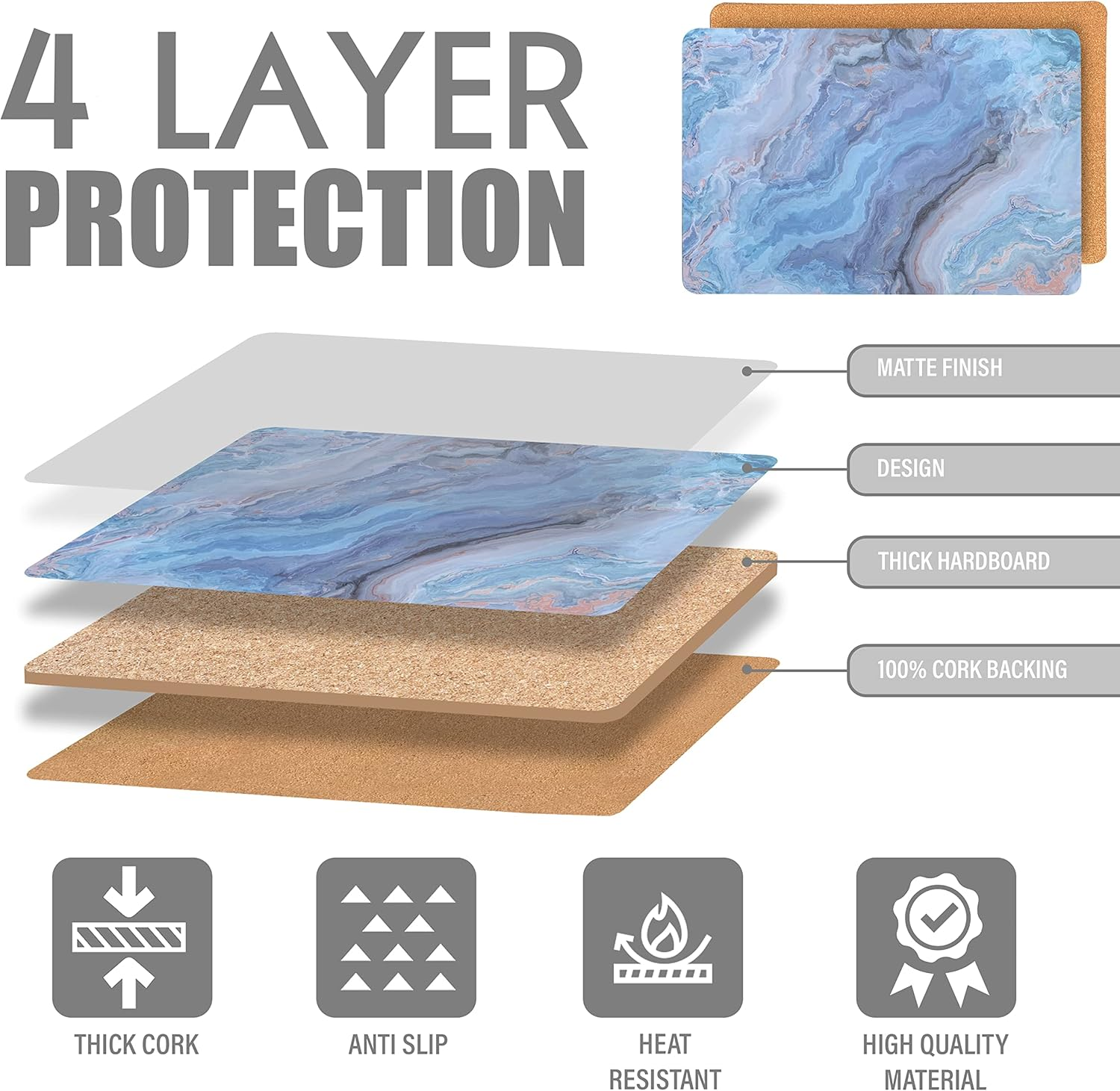 Dainty Home Marble Cork Place Mats Rectangle Navy 12"X18" Set of 2 Washable Placemats Heat Resistant Placemats Non Slip Table Placemats image number 1