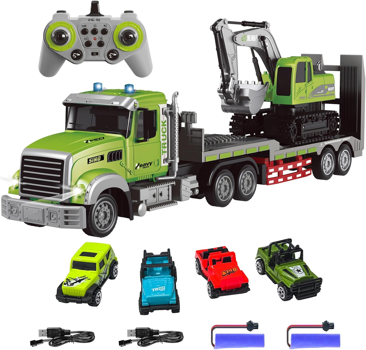 Fistone RC Semi Truck & Excavator Toy Set, 1:12 Remote Control Semi-Trailer with Sound and Lights, 2.4Ghz Flatbed with Excavator, Construction Vehicles for Boys 6-12 Years Old