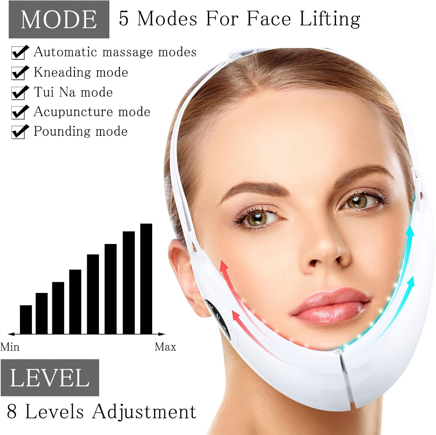 V Face Beauty Meter Electric Face Massager, V Face Lifting Device, V Face Shaping Massager, Double Chin Remover Device, 8 Speed Jawline Trainer, Red Blue Light to Reduce Double Chin