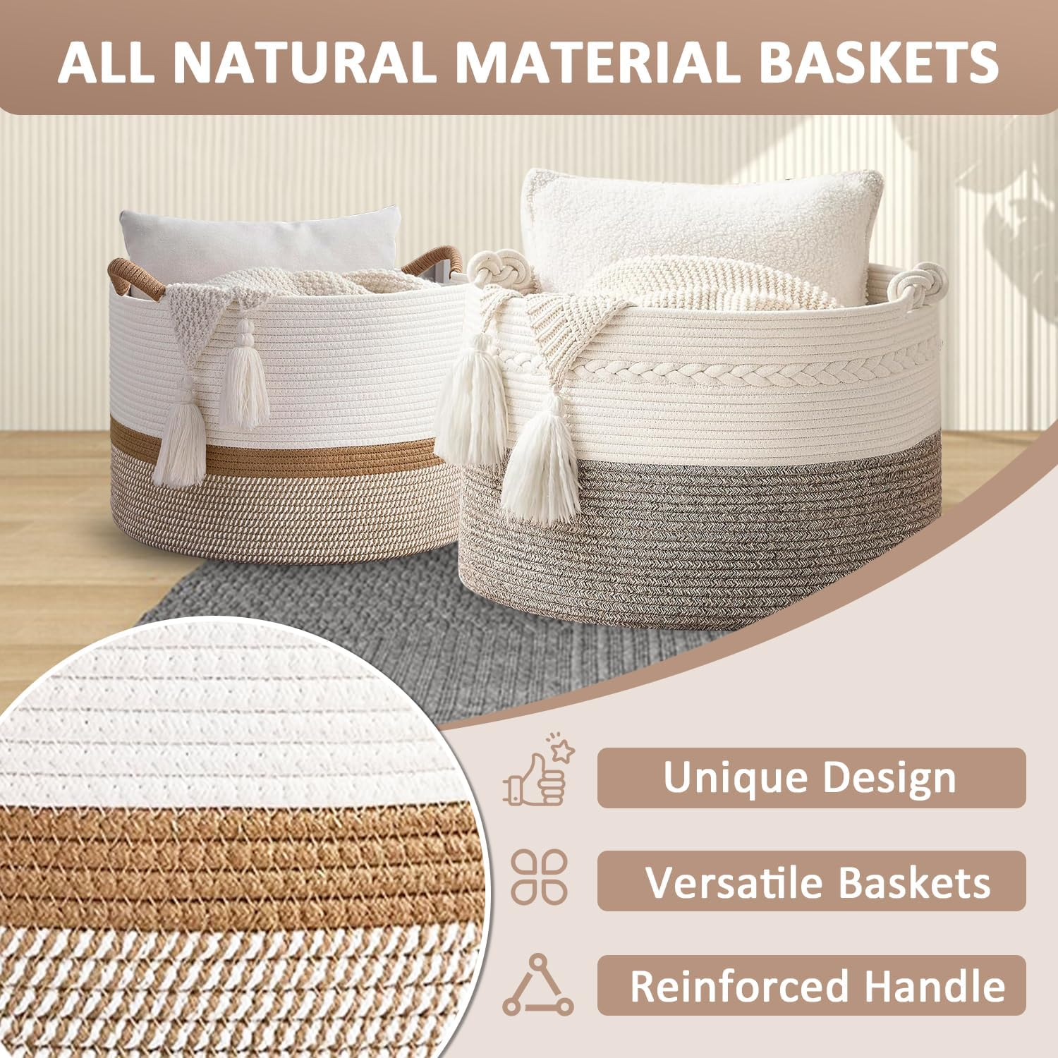 OWNKING Large Capacity Storage Baskets, Laundry Basket, Tall Woven Cotton Collapsible Laundry Hamper, Decorative Versatile Blanket Basket for Clothes, Blankets, Toys Storage & Organization, 20X20X13In