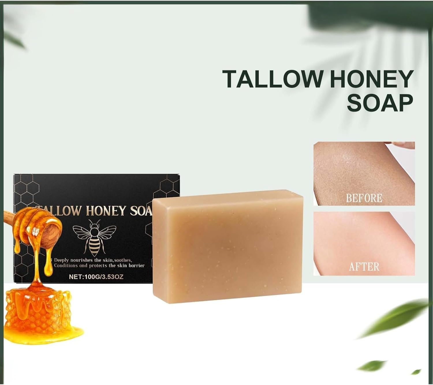 Beef Tallow & Honey Soap Bar for Dry Sensitive Skin, All Natural Grass Fed Tallow Soap Unscented, Handcrafted Moisturizing Face & Body Wash for Women & Men, Nourishing Bath Soap (2Pcs)