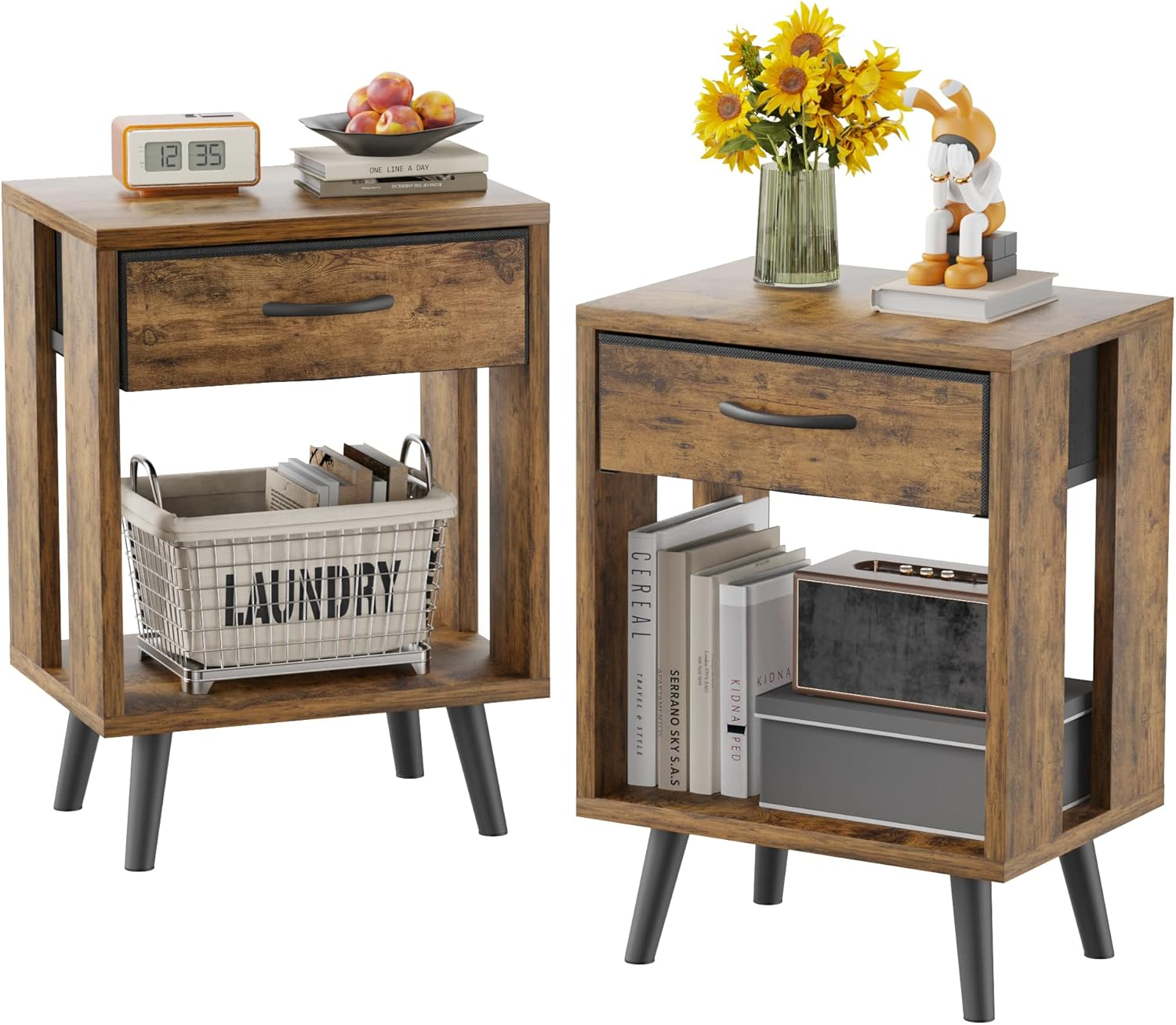 GYIIYUO Nightstands Set of 2 with Black Fabric Storage Drawer and Open Wood Shelf, Side Table with Storage for Bedroom, Bedside Tables - Gray 23.7" H