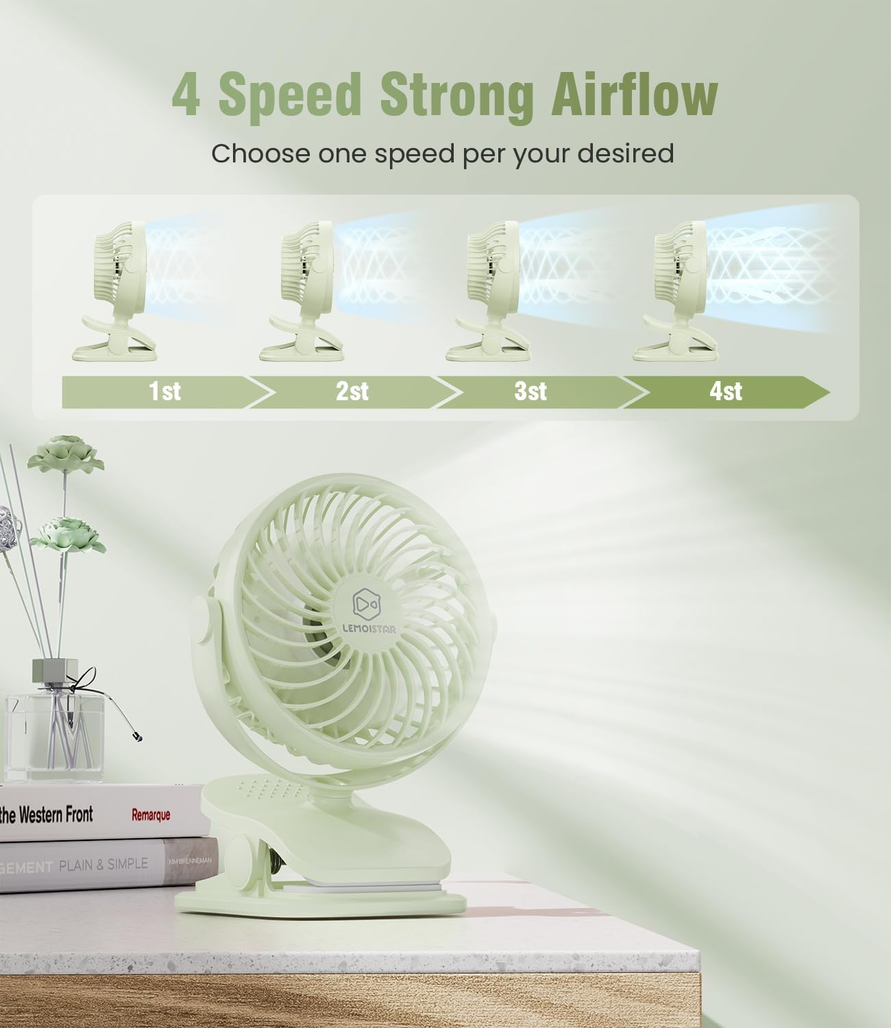 Portable Baby Stroller Fan, Rechargeable Battery Operated Clip Fan, USB Powered Samll Personal Fan, 4 Speeds, Quiet Desk Fan for Office, Dorm and Outdoor Activity-Green image number 1