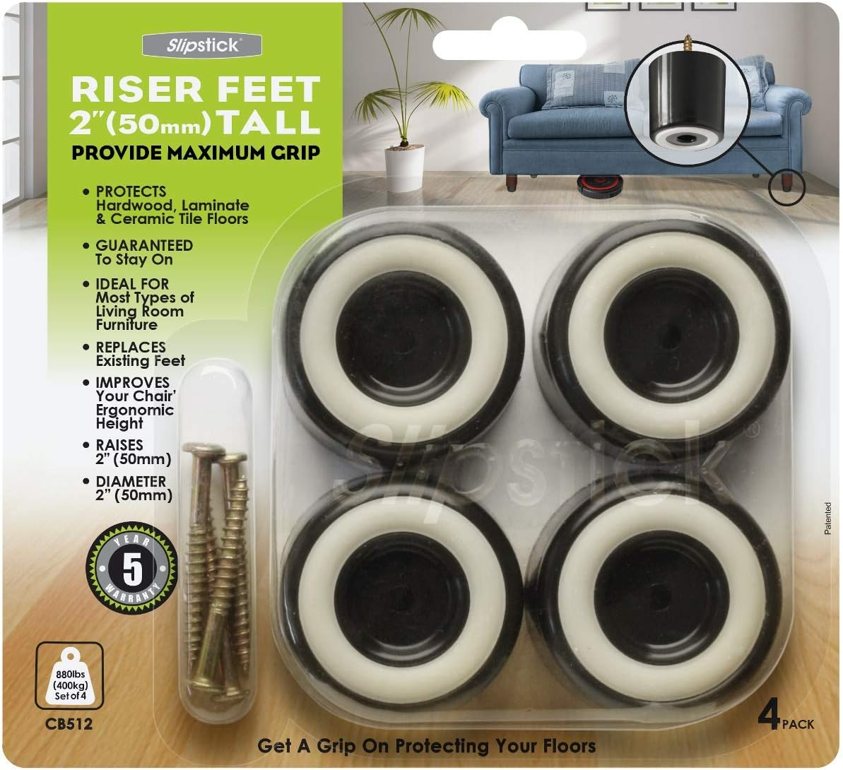 Slipstick CB512 2 Inch Tall Floor Protector Furniture Legs with Non Slip Rubber Grip (Set of 4) 2" Wide X 2" Height - Black Plastic image number 5