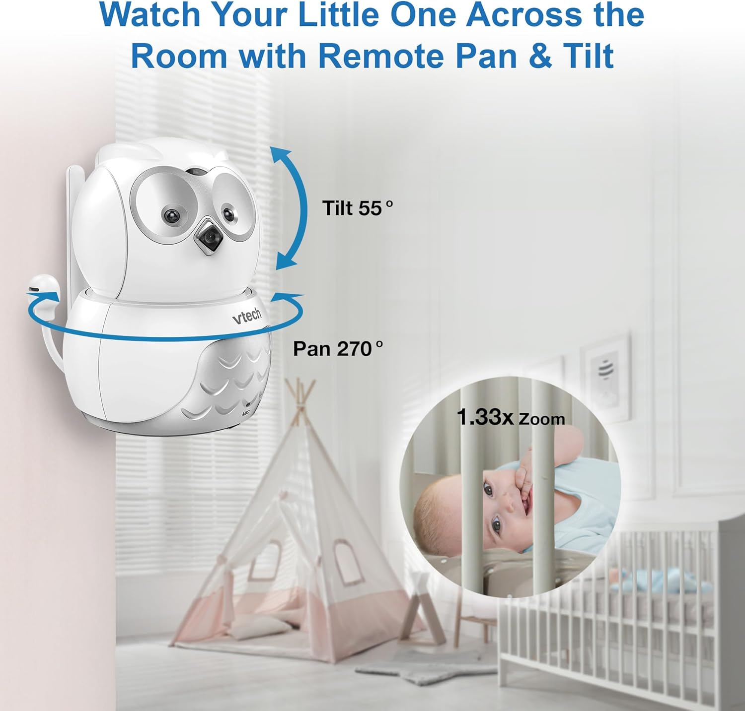 Vtech BM5550-OWLN 5" 2-Camera Full Colour Pan & Tilt Video & Audio Baby Monitor with 2-Way Talk, Soothing Sounds, Room Temperature Monitor, up to 17 Hours Battery Life image number 4