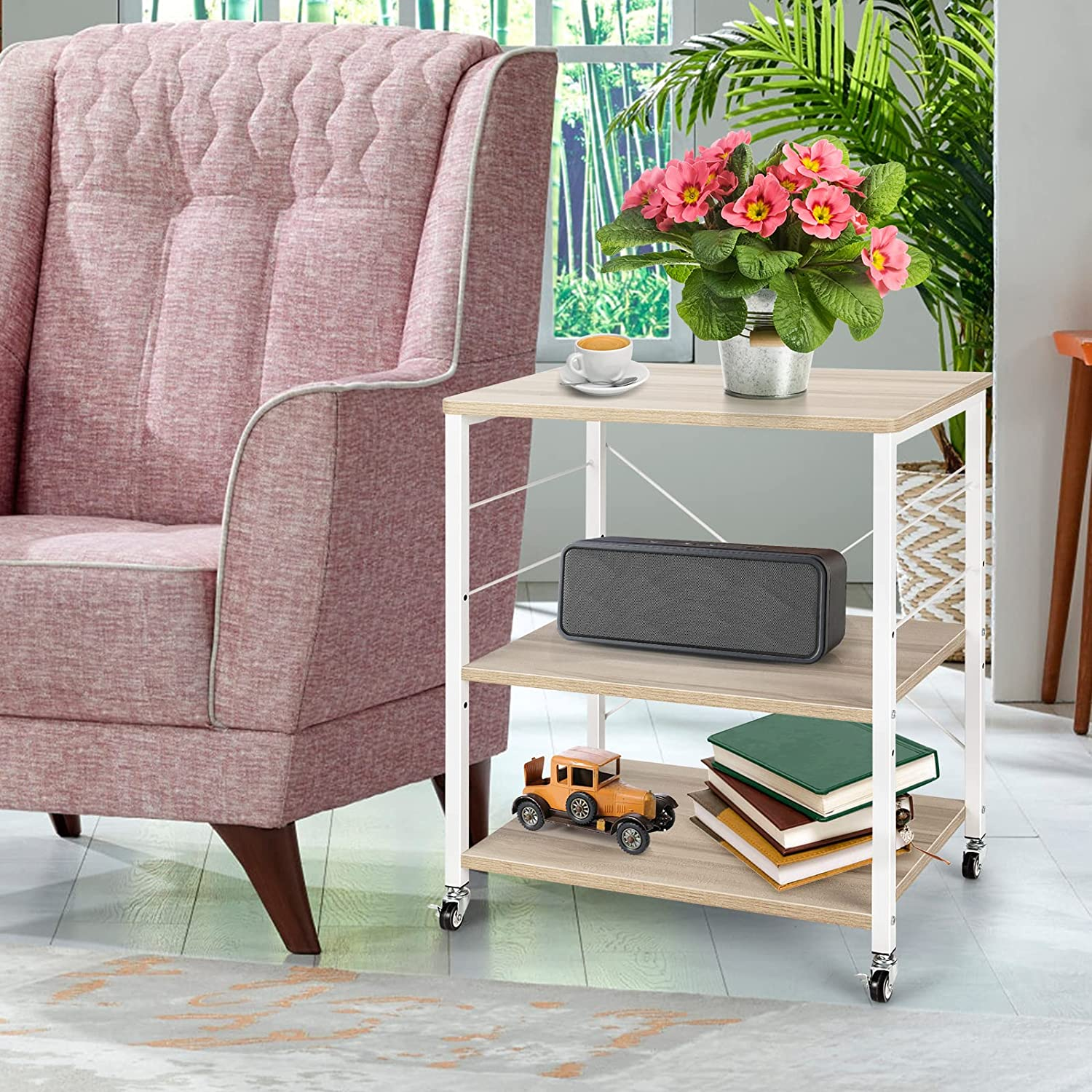 Giantex 3-Layer Kitchen Bakers' Rack Microwave Stand, Kitchen Rolling Cart with 4 Universal Wheels and 10 Removable Hooks, Coffee Cart Shelf Organizer for Living Room, Entryway (Natural) image number 4