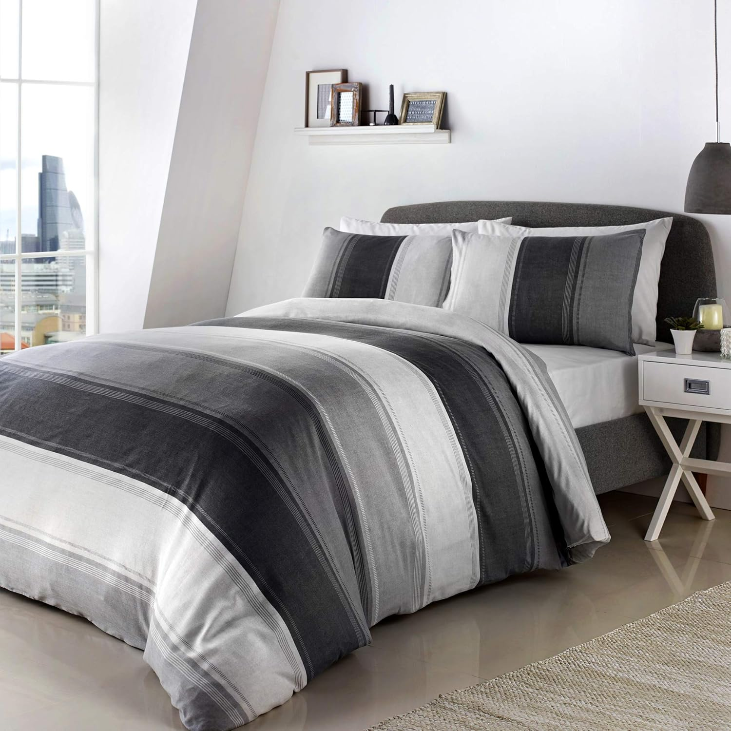 Fusion - White & Grey Wide Stripe Duvet Cover - Super King Bedding Size (26X220Cm) - Contemporary Stripe Duvet Cover in Grey - Lined Bedding Set - Betley Classic Collection image number 5