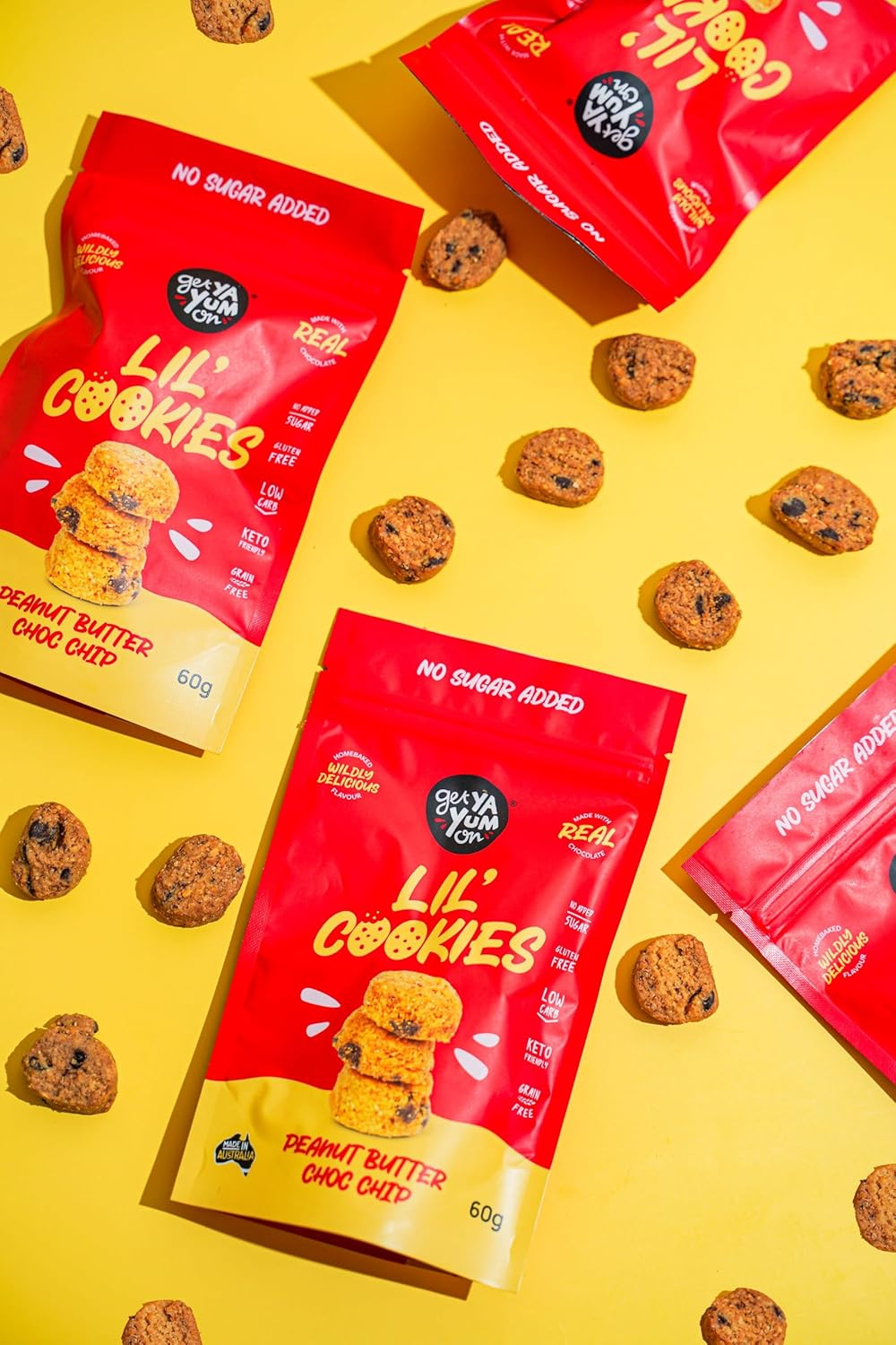 GET YA YUM on - SUGAR FREE PEANUT BUTTER CHOC CHIP COOKIES - NO SUGAR ADDED, GLUTEN FREE, LOW CARB, HOMEBAKED FLAVOUR VALUE PACK 220G image number 1