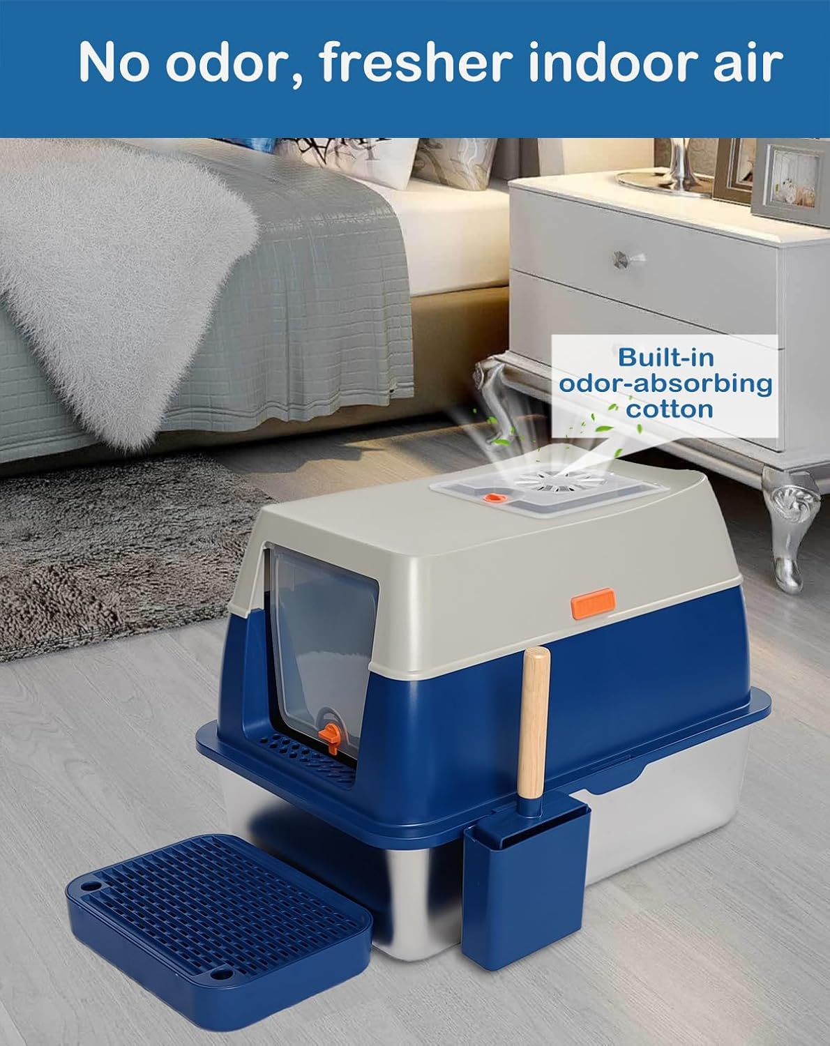 Cat Litter Box Air Filter (Enhancement) for FOXORU Enclosed Stainless Steel Litter Box with High Sides, Top Entry Cover + 16Pcs Replaceable Carbon Filters image number 1