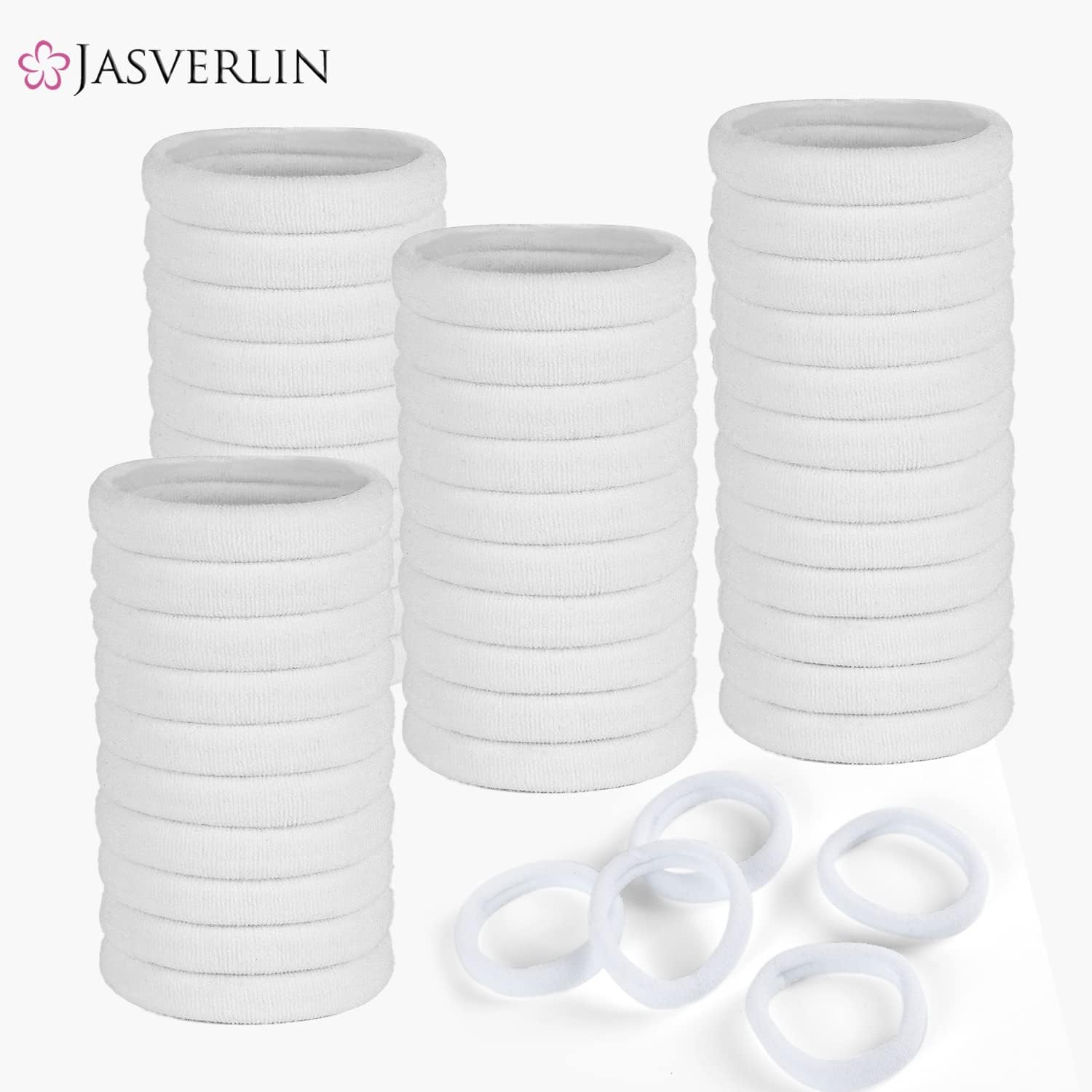 JASVERLIN White Cotton Fabric Hair Ties, Soft Seamless Ponytail Scrunchies Elastic Bands for Women&rsquo;S Braided Curly Thin Thick Hair No Damage Crease 1.5 Inch 100 Pcs