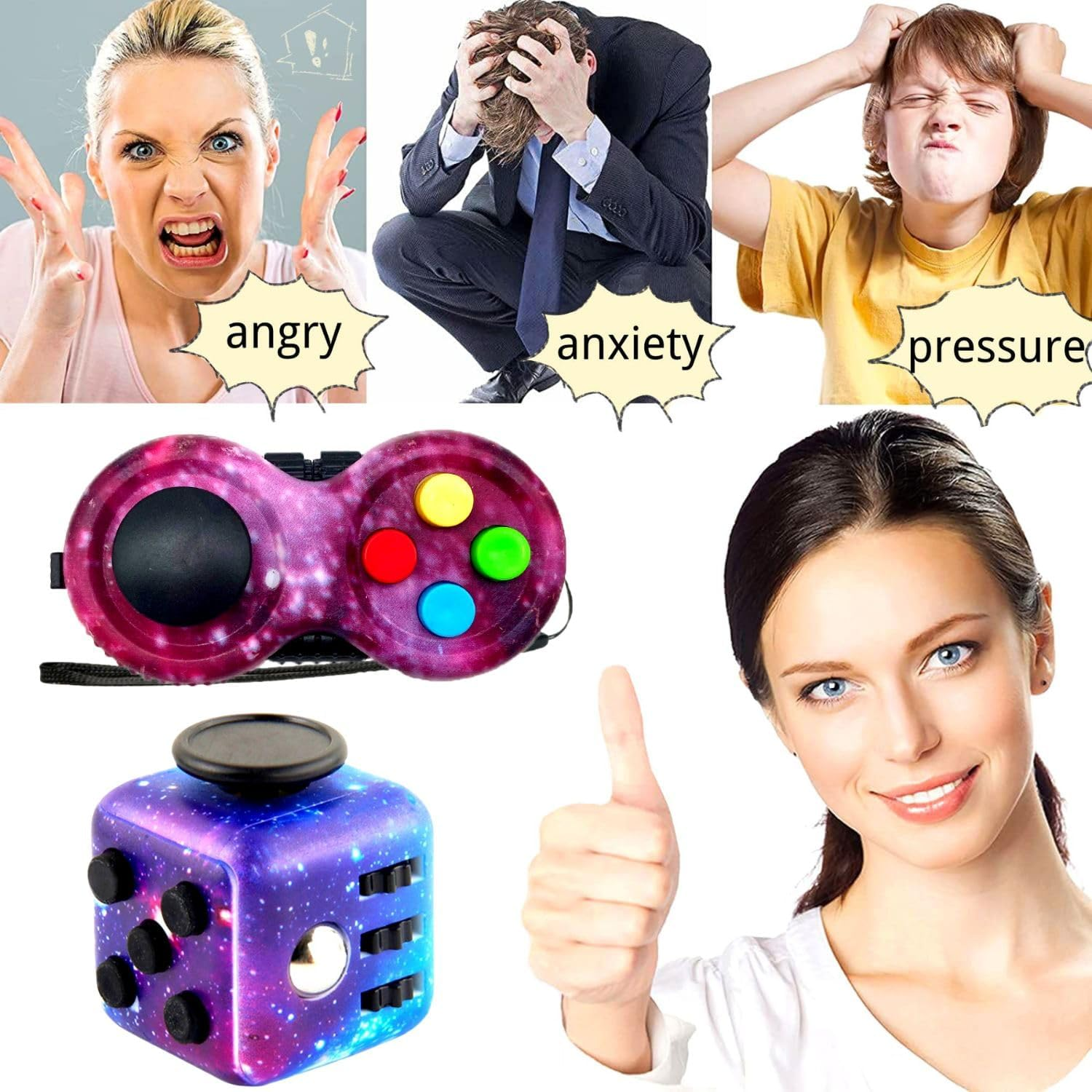 2 X Anti-Stress Cube Toy, Fidget Toy Cube, Fidget Pad Controller for Stress Relief for Nervousness for ADD, ADHD, Autism, Teenagers, Children, Adults (Galaxy) image number 1