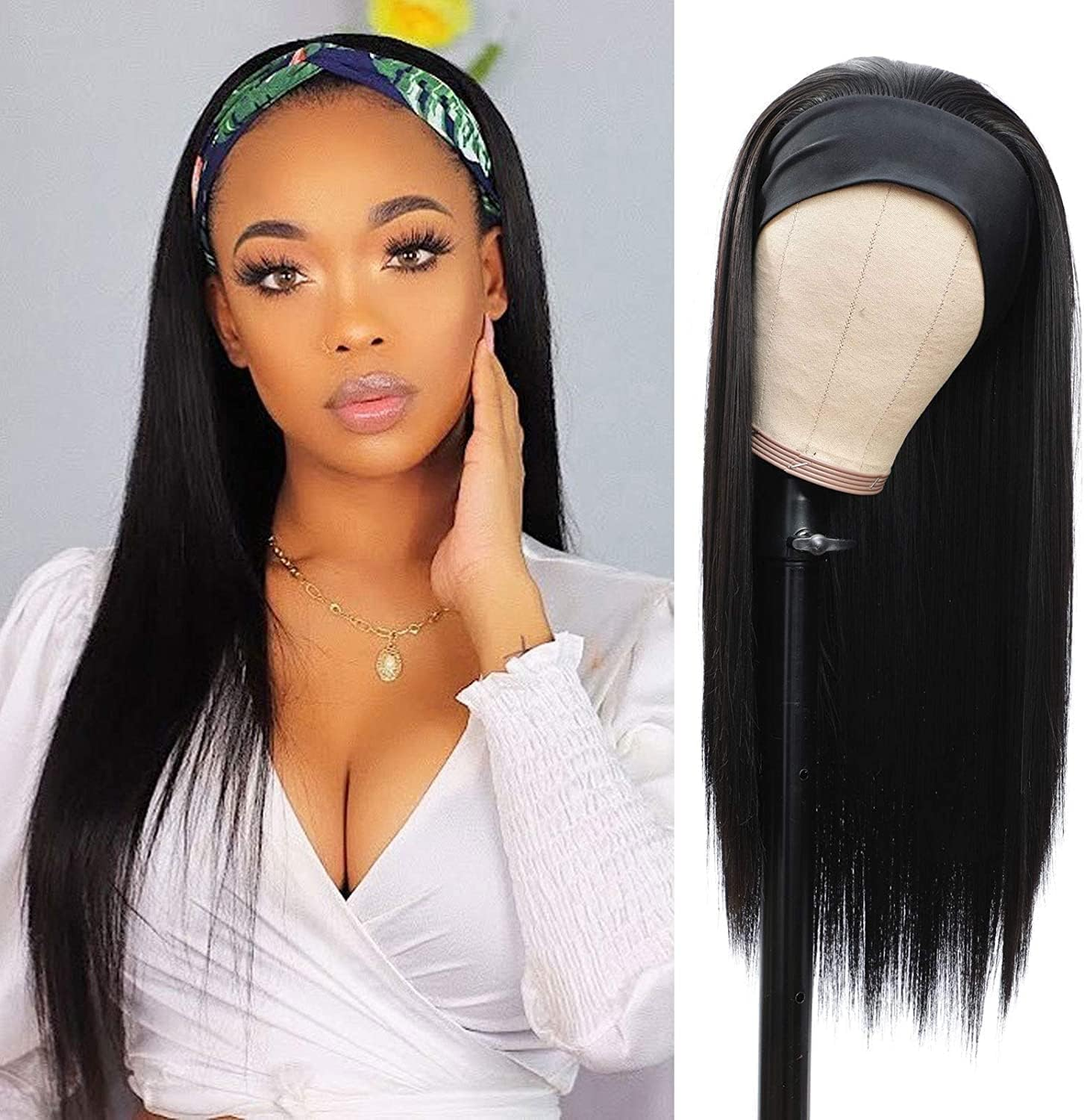 Headband Wig for Women Black Straight Synthetic Headband Wig Glueless Heat Resistant Natutal Looking for Daily Party Use (Black, 26 Inch) image number 2