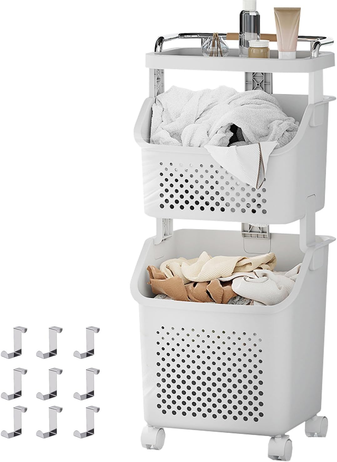 Rolling Laundry Hamper Cart with Wheels, Clothes - Holding Baskets Paired with a Clothes Hamper Featuring Convenient Portable Storage Baskets (2-Tier) image number 4