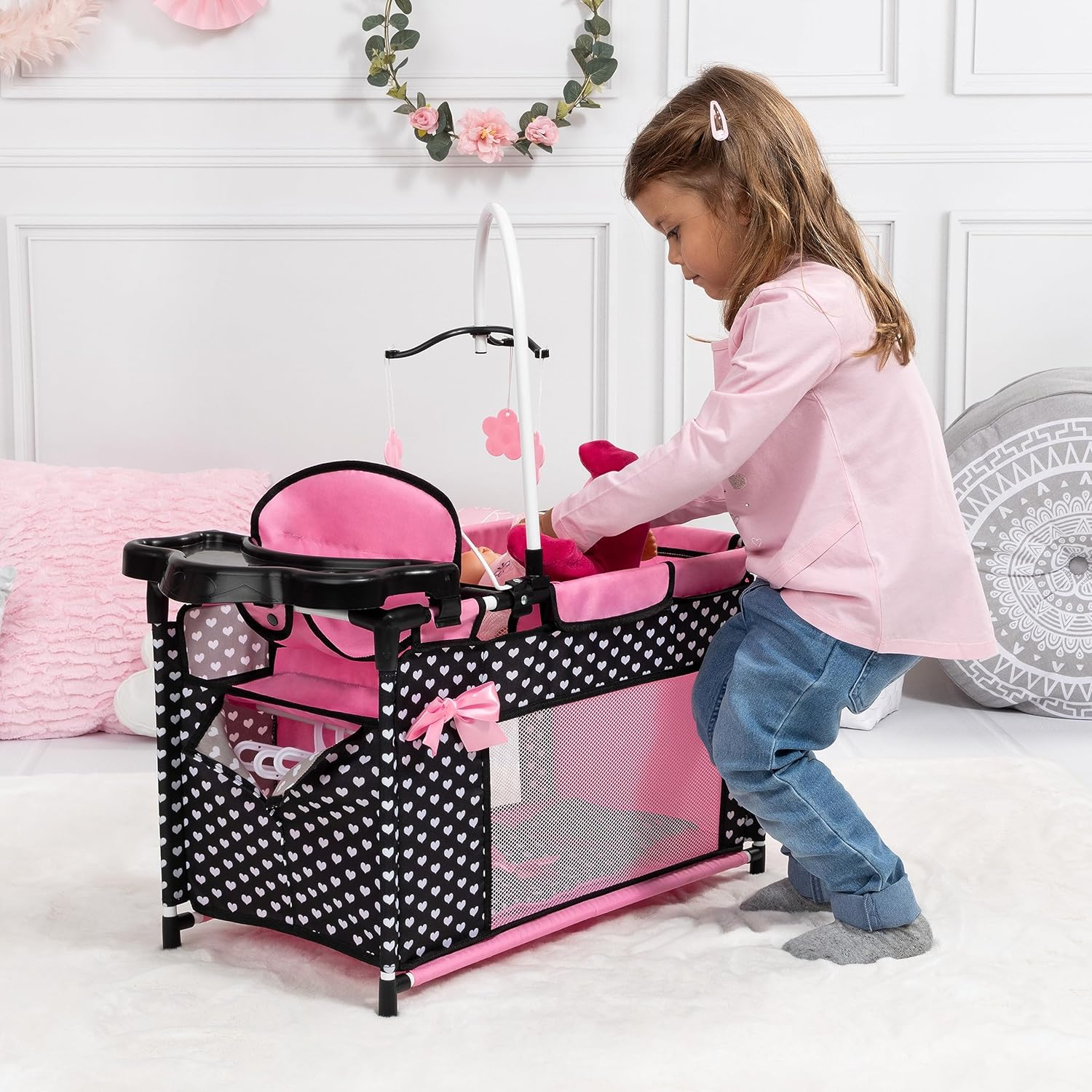 Bayer Design 62660AA Doll'S Bed with Cupboard, Seat, Mobile, Shelf, Duvet, Cushion, Black, Pink