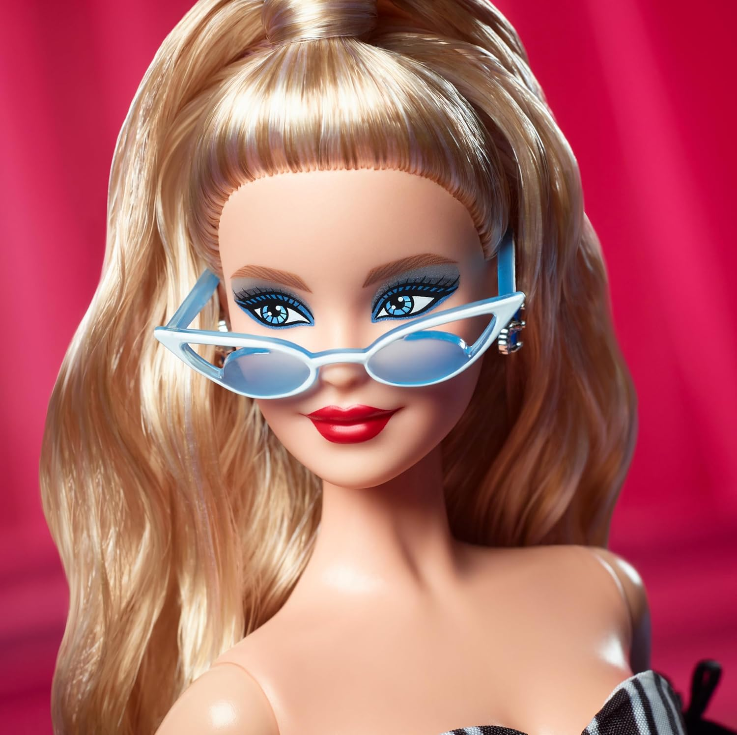 Barbie Signature Doll, 65Th Anniversary Collectible with Blonde Hair, Black and White Gown, Sapphire Gem Earrings and Sunglasses image number 1