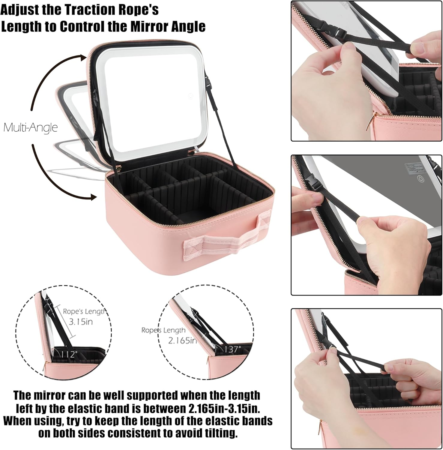 MOMIRA Travel Makeup Bag Cosmetic Bag Makeup Organizer Bag with Lighted Mirror, Adjustable Brightness in 3 Color Scenarios, Waterproof Makeup Train Case - Pink image number 5