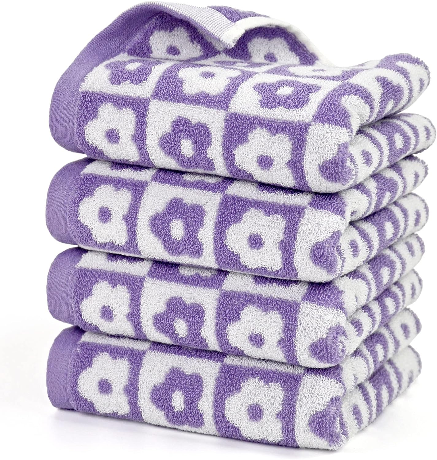 Jacquotha Cotton Face Towels Set of 4 - Checkered Floral Bathroom Hand for Everyday Use, 29&rdquo; X 13&rdquo; Lilac