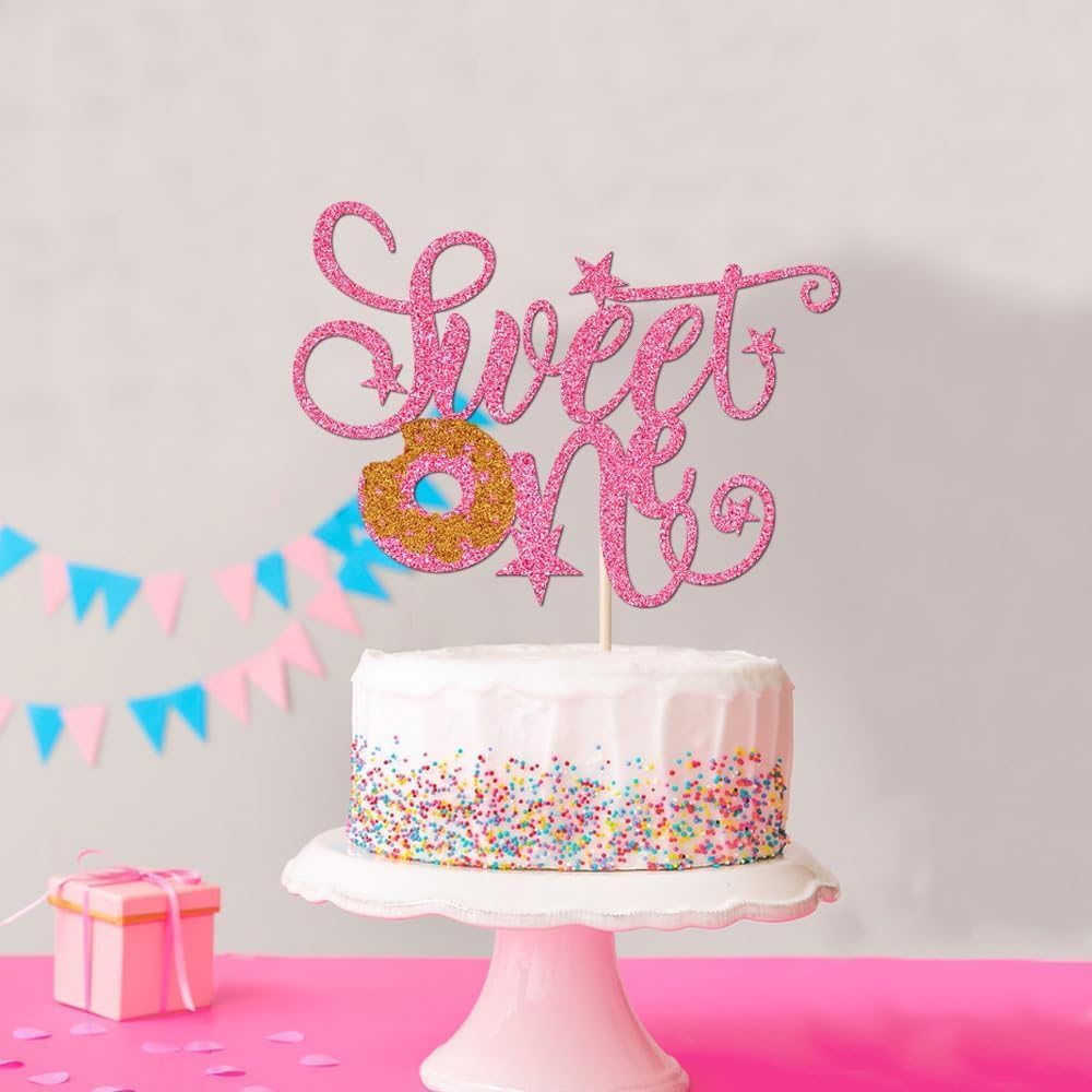 Confetti! Sweet Donut One Cake Topper | Candyland Sweet One | First Birthday Party Supplies | Baby Shower Decor，Donut 1St Themed Baby Shower Birthday Party Cake Supplies (Pink Glitter) image number 6