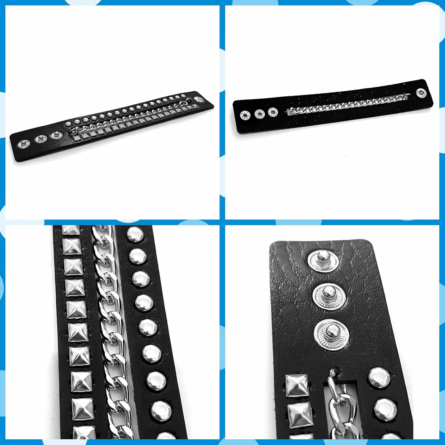 Tosmifairy 3 Pieces Punk Rock Leather Bracelets for Women Pop 80S 90S Emo Jewelry Accessories Retro Spiked Adjustable Wrap Wrist Cuffs image number 1