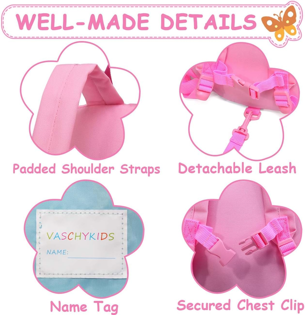 Mini Toddler Backpack with Leash,Vaschy Ultra Lightweight Tiny Little Kids Preschool Backpack Daycare School Bags for Boys,Grils - Butterflies image number 3