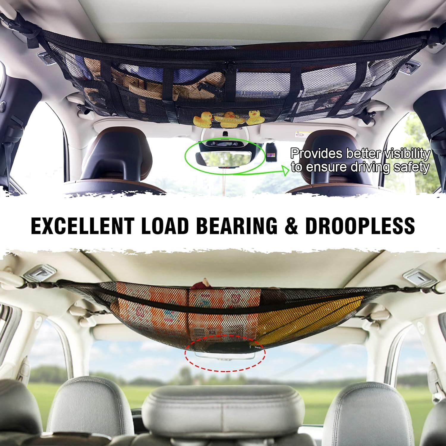 Car Ceiling Storage Net - 35.4" X 25.6" Upgraded Large Car Ceiling Cargo Net Pocket, Strengthen Load-Bearing Adjustable Double-Layer Mesh Car Roof Organizer for SUV Long Trip Camping(Black) image number 1