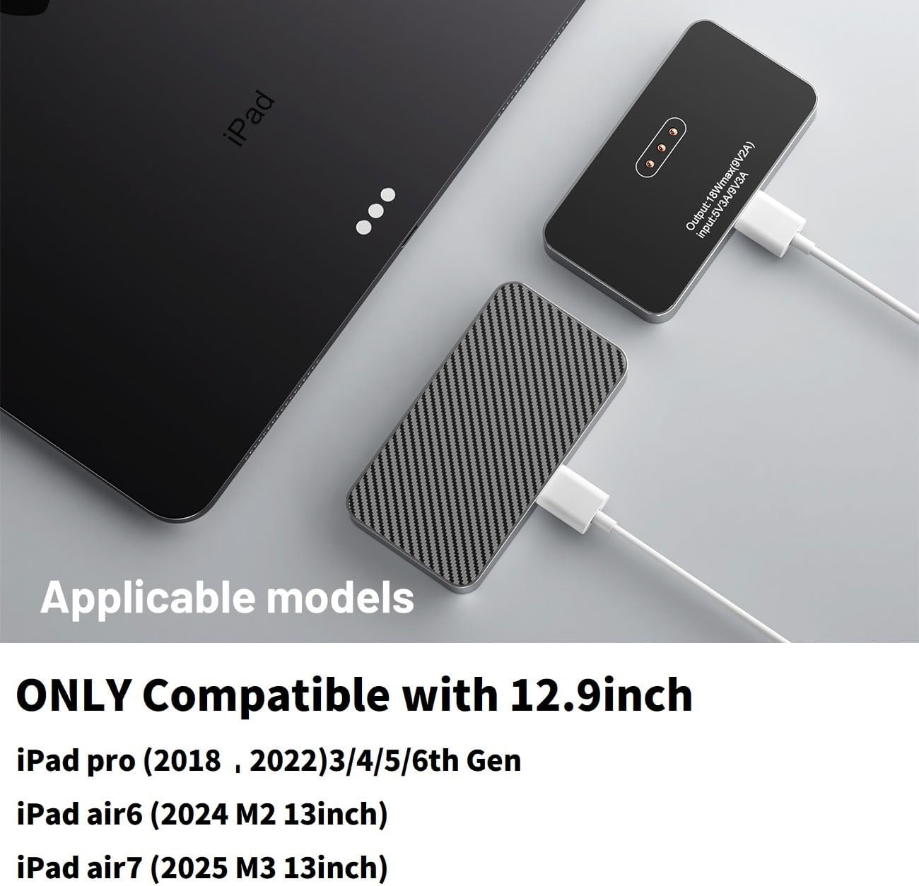 Magnetic Wireless Charger for Ipad Pro 12.9Inch(3Rd/4Th/5Th/6Th) & Ipad Air 13 (M2/M3) ONLY, 18W Fast Charging Smart Connector Charger, Aluminum Alloy Wireless Charging Pad with USB-C Cord Cable image number 2