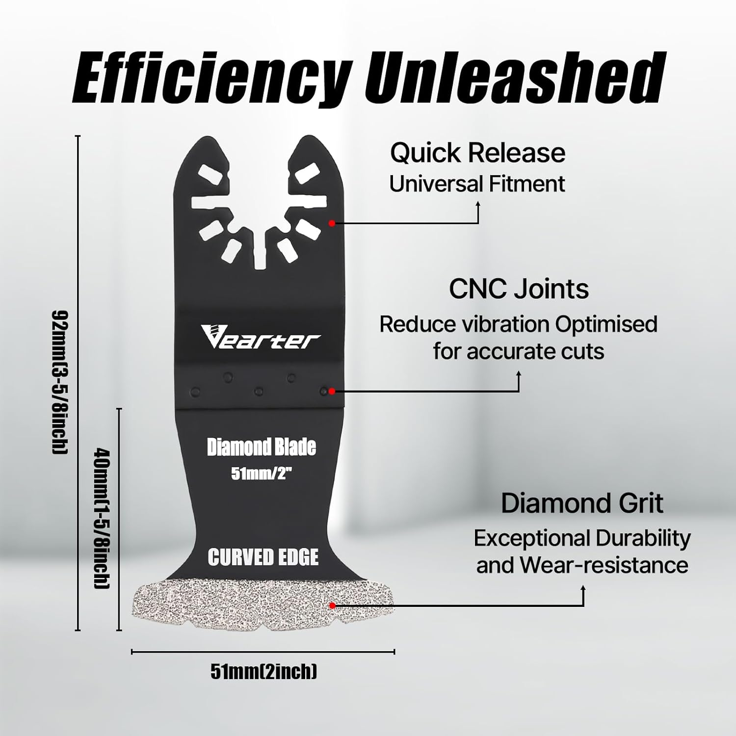 Vearter 5PCS Diamond Oscillating Saw Blades, 51Mm Universal Multitool Blades for Grit Grout Removal, Quick Release Curved Edge Multi Tool Kit for Tile, Air Brick, Cement, Concrete, Masonry image number 5