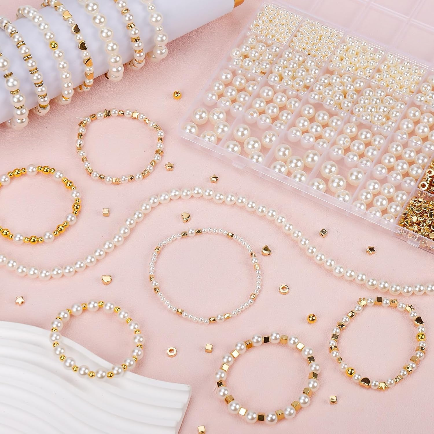 IONPSHG 1860Pcs Beads Bracelet Making Kit with 5 Sizes round White Pearl Beads, Multi-Shape Pearls & Gold Spacer for DIY Jewelry Making, Art Crafts Gifts for Women Girls image number 1