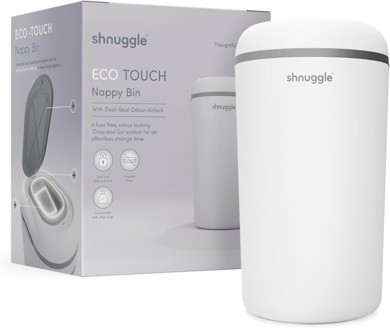 Shnuggle Eco-Touch Nappy Bin - White/Grey image number 1