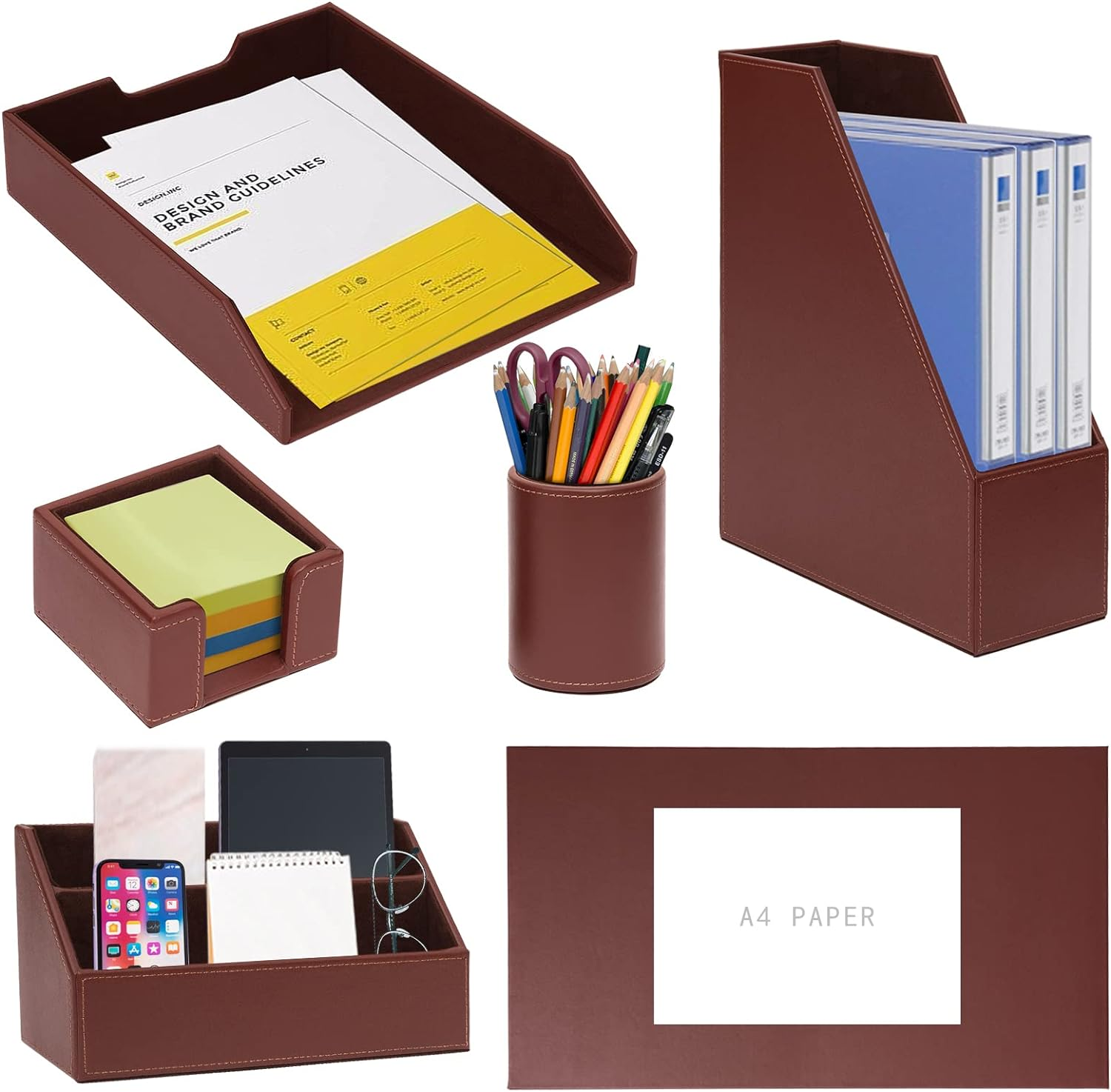 6 Piece Office Supplies/Desk Organizer Set with Desktop Leather Writing Pad,File Paper Tray,Magazine Folder Holder, Pen Cup,Sticky Note Holder,Letter Mail Sorter,Workspace Decor for Women Men (Black)