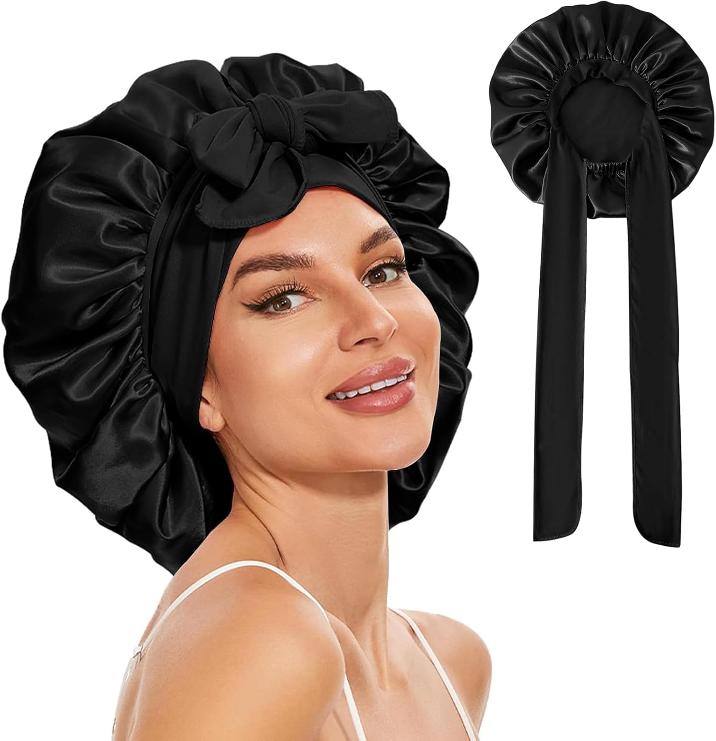 JZS Silk Bonnet for Sleeping Women Satin Double Layer Lined Hair Bonnet with Tie Band Curly Hair
