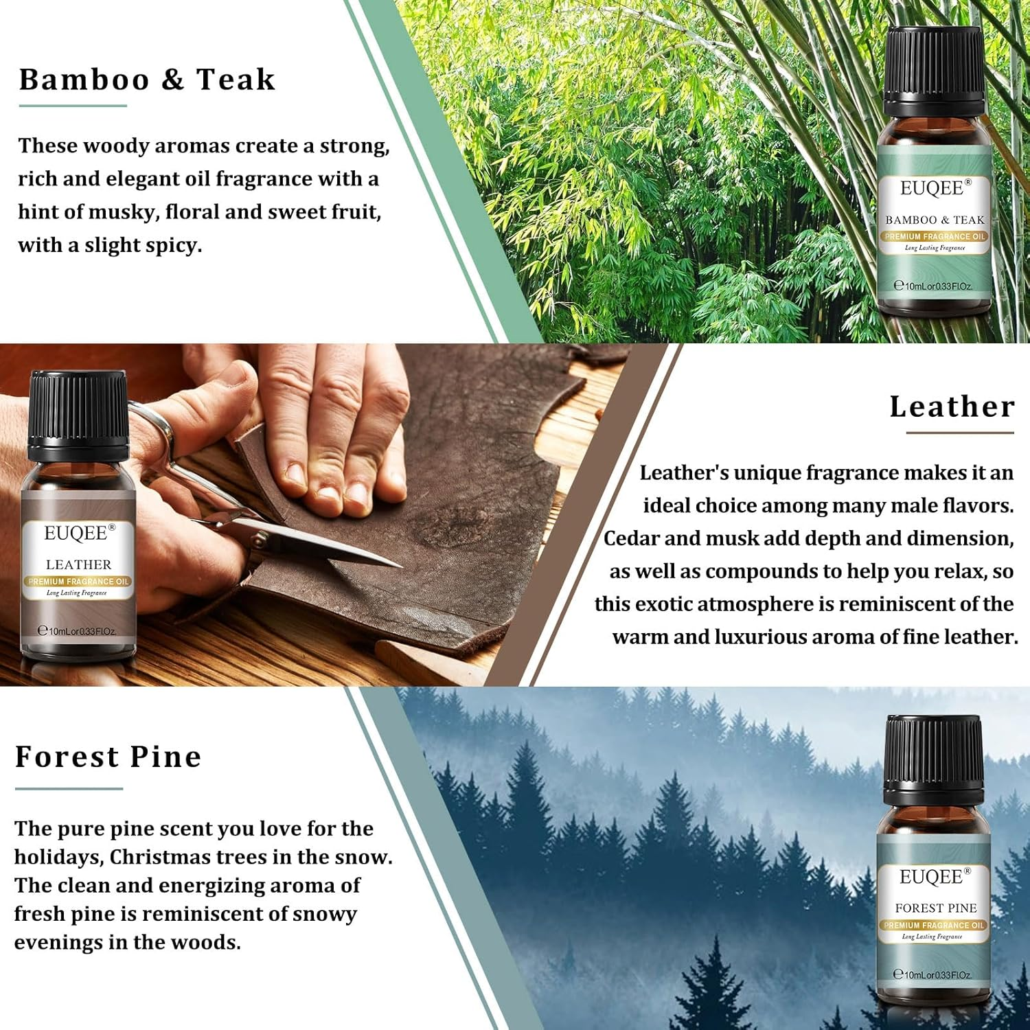 EUQEE Fragrance Oils Gift Set Premium Woody Scented Oil - Forest Pine, Warm Rustic Woods, Bamboo & Teak, Cedarwood, Leather, Sweet Tobacc, for Diffuser, Soap Making, Candle (6X10Ml) image number 3